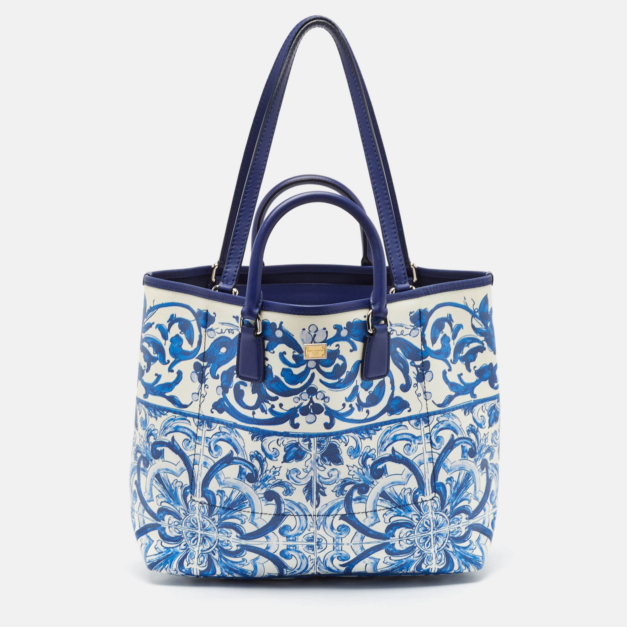 

Dolce & Gabbana Blue/White Majolica Print Leather Miss Escape Tote