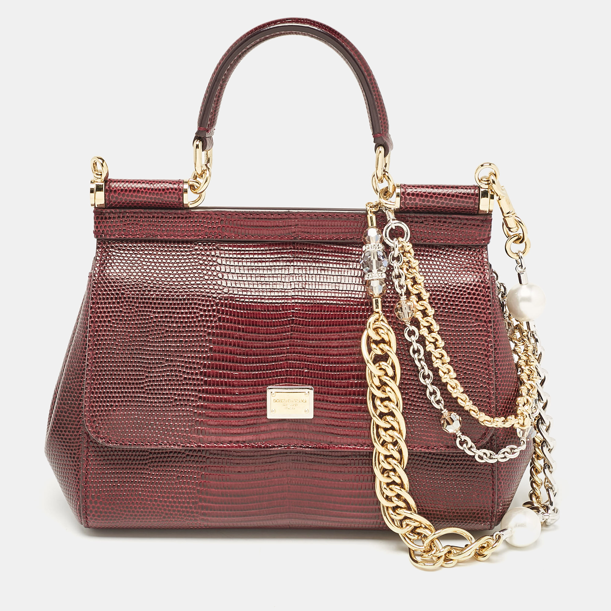 

Dolce & Gabbana Burgundy Lizard Embossed Leather  Miss Sicily Top Handle Bag