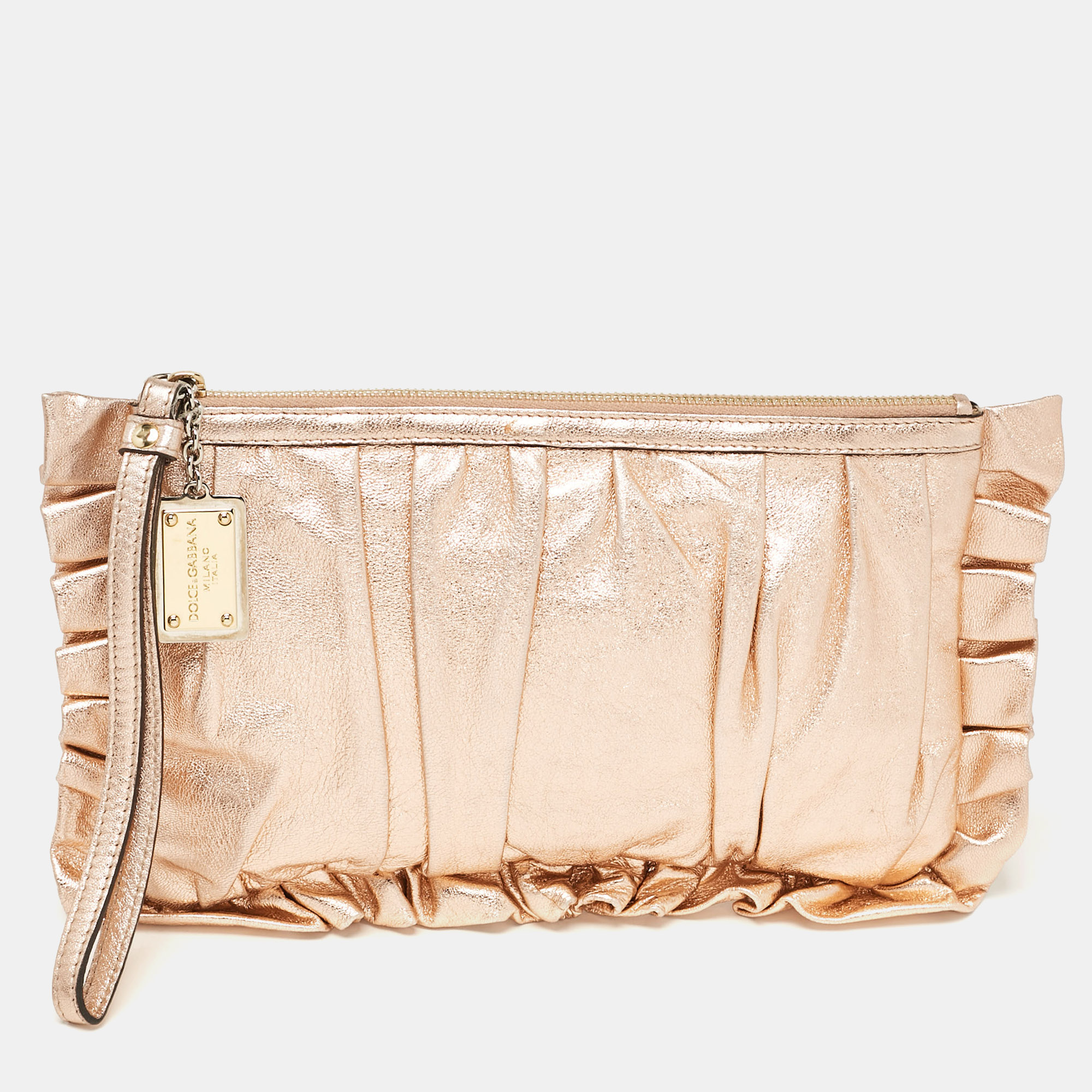 

Dolce & Gabbana Rose Gold Leather Ruffle Wristlet Clutch, Metallic