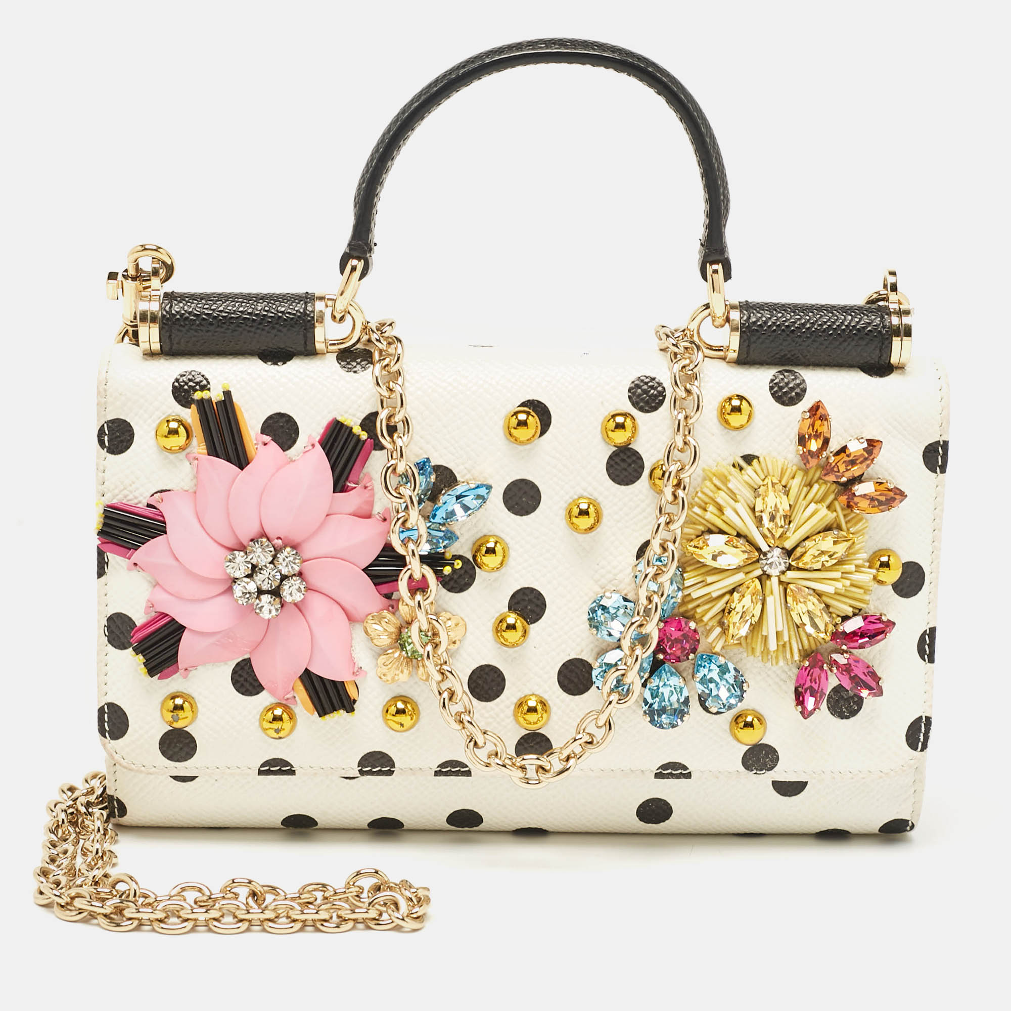 

Dolce & Gabbana White/Black Polka Dot Print Leather Miss Sicily Von Embellished Wallet on Chain