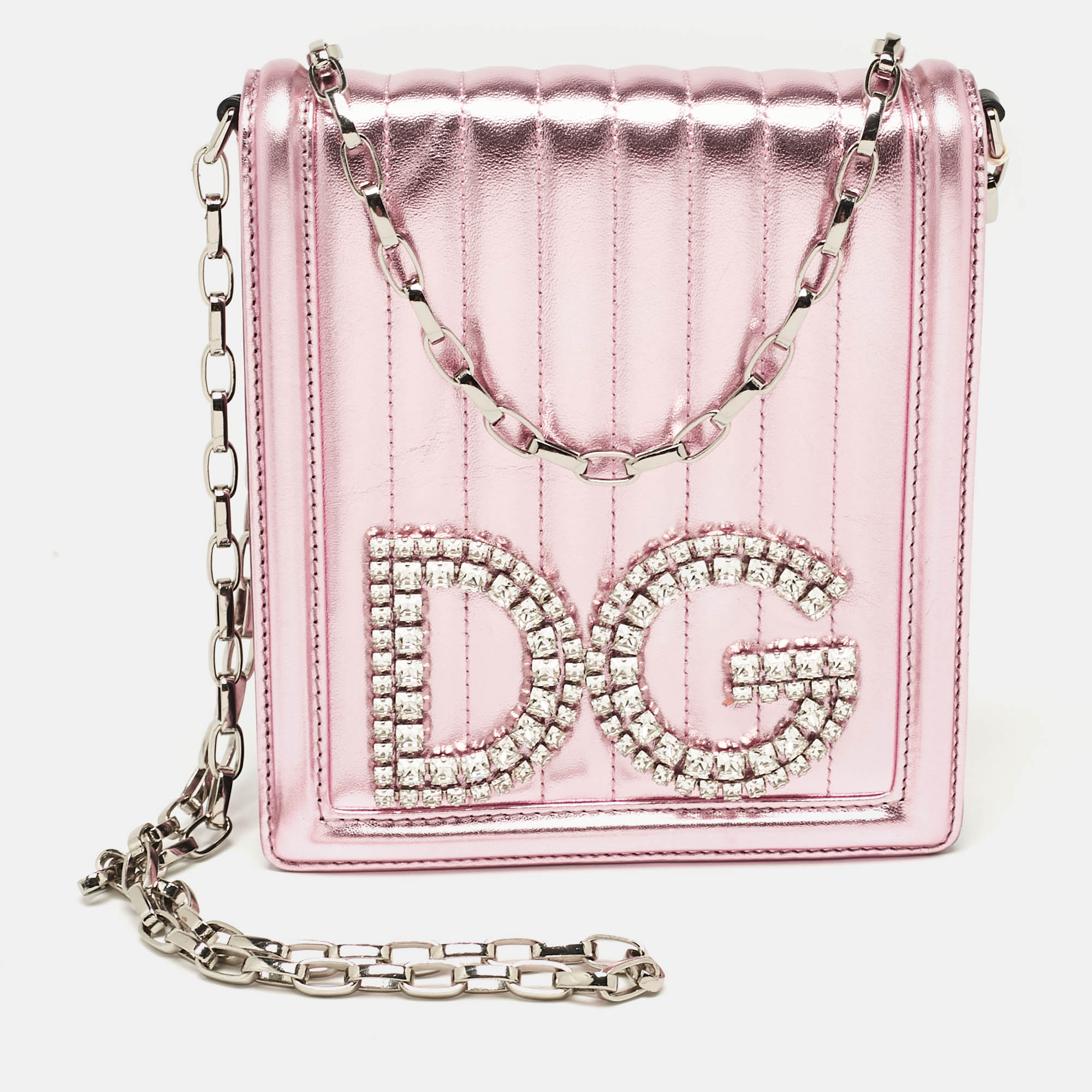 

Dolce & Gabbana Metallic Pink Quilted Leather DG Girls Crystals Shoulder Bag