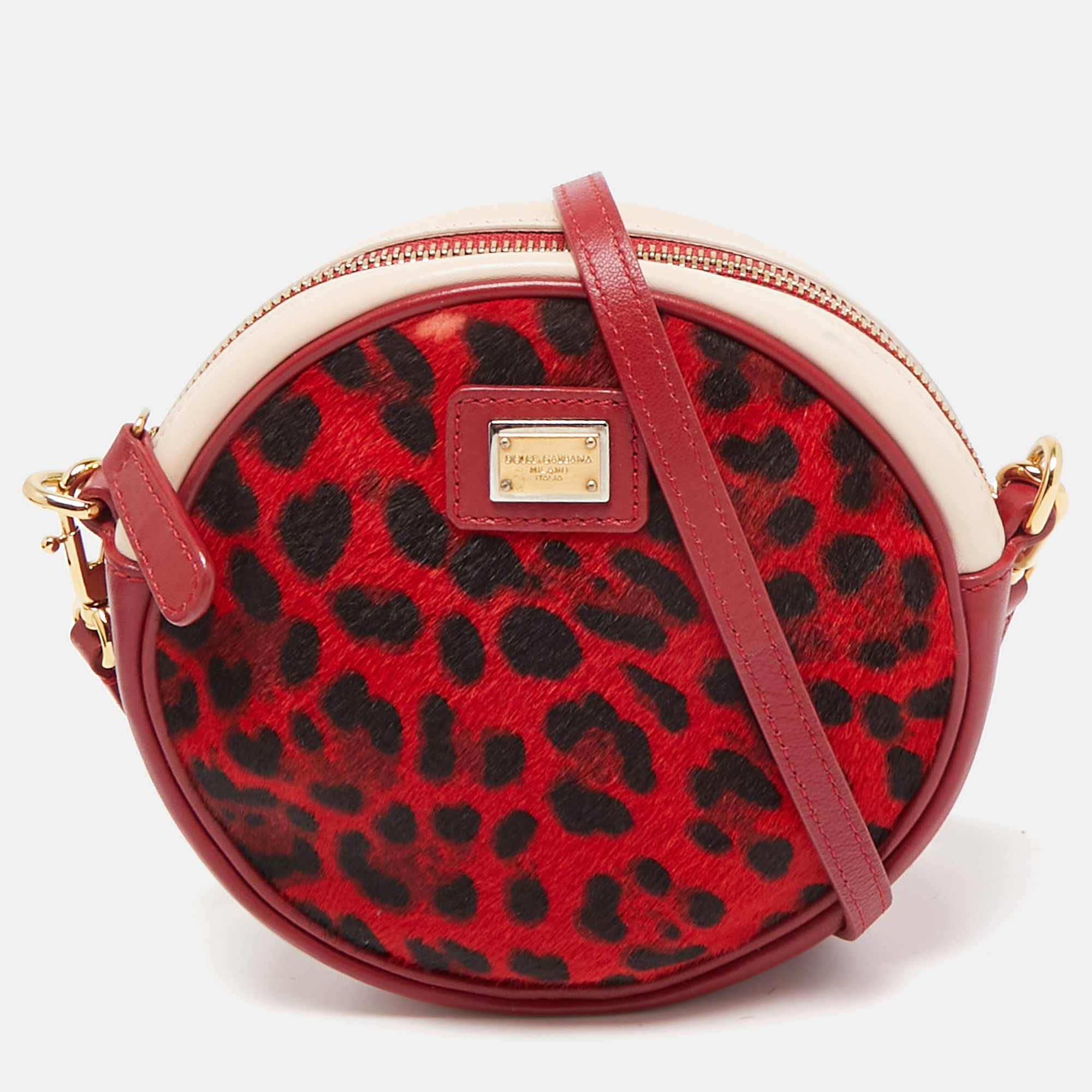 

Dolce & Gabbana Red/Pink Leopard Calfhair and Leather Round Crossbody Bag