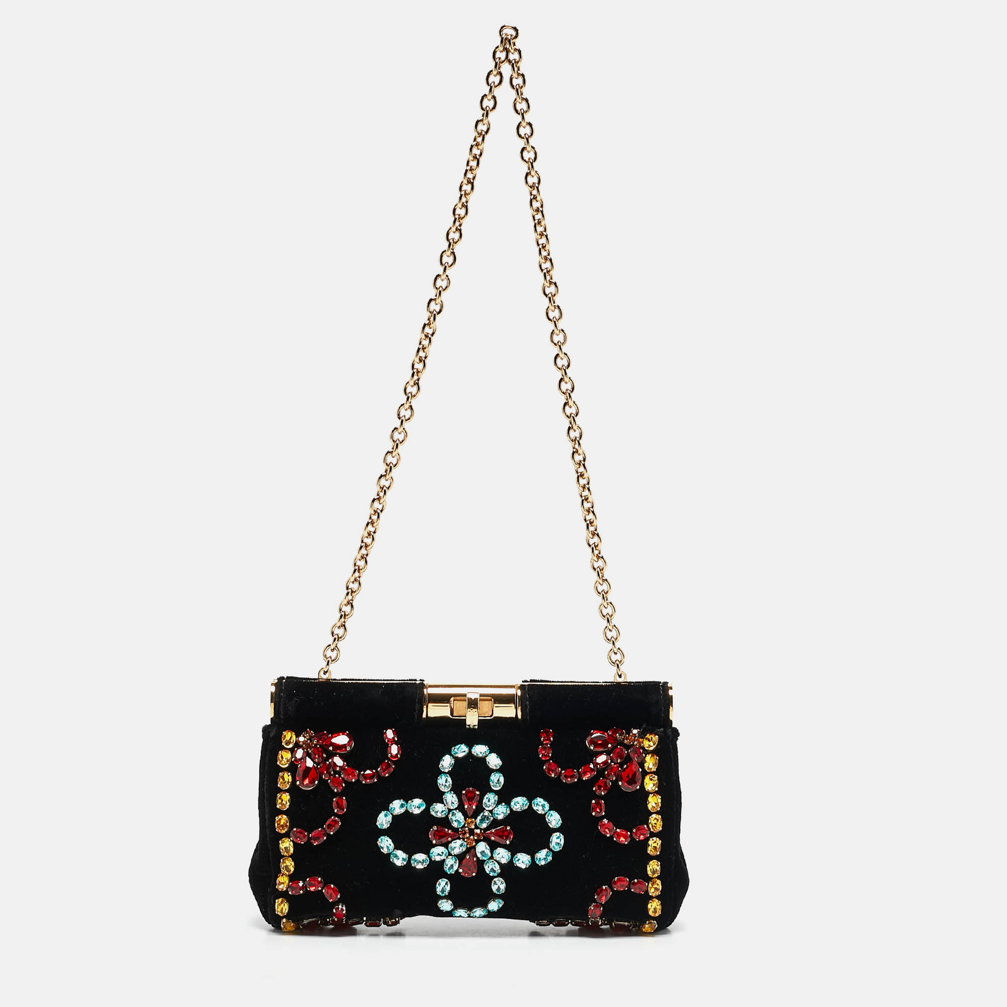 

Dolce & Gabbana Black Velvet Crystals Embellished Frame Clutch Bag