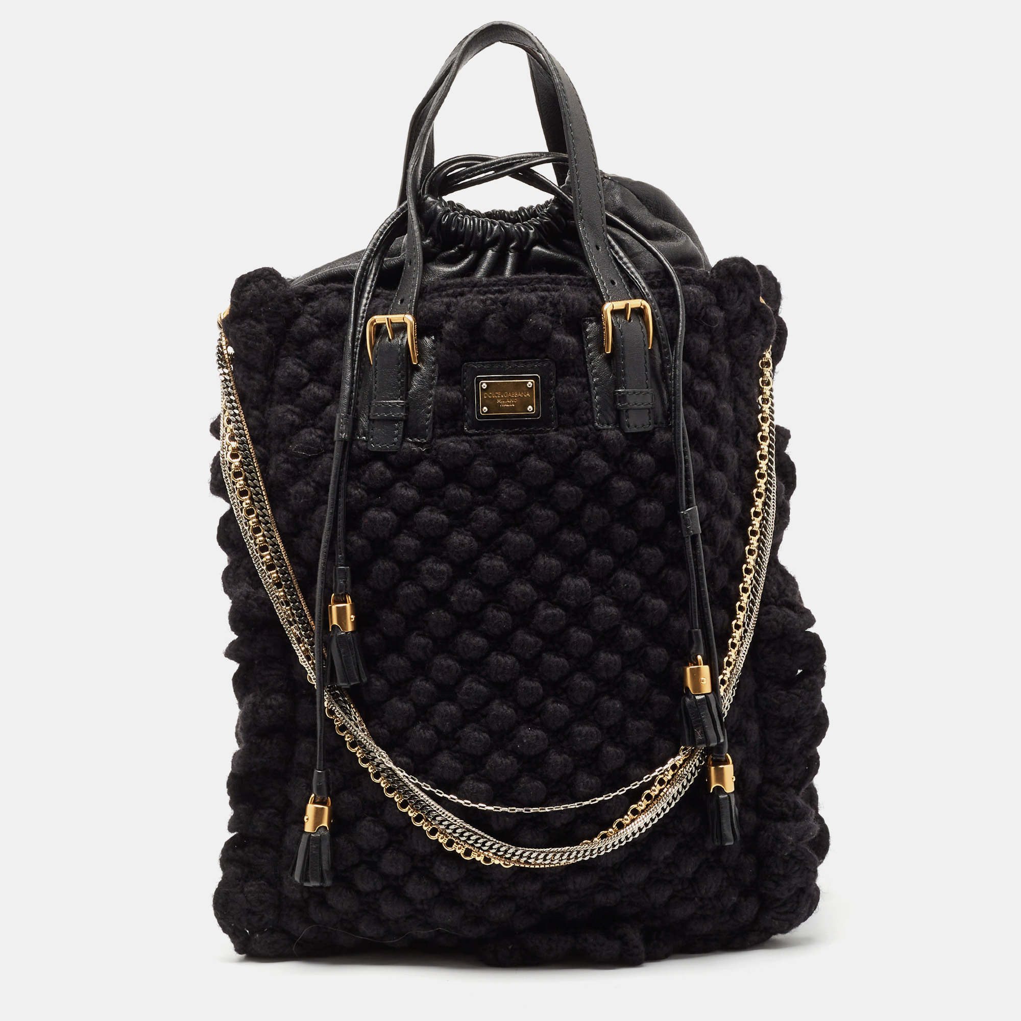 

Dolce & Gabbana Black Crochet Fabric and Leather Drawstring Tote