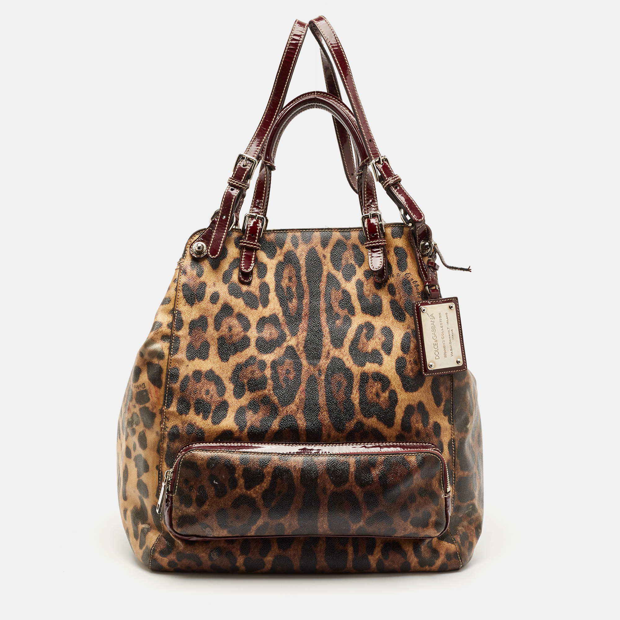 

Dolce & Gabbana Burgundy Leopard Print Coated Canvas Miss Pocket Tote