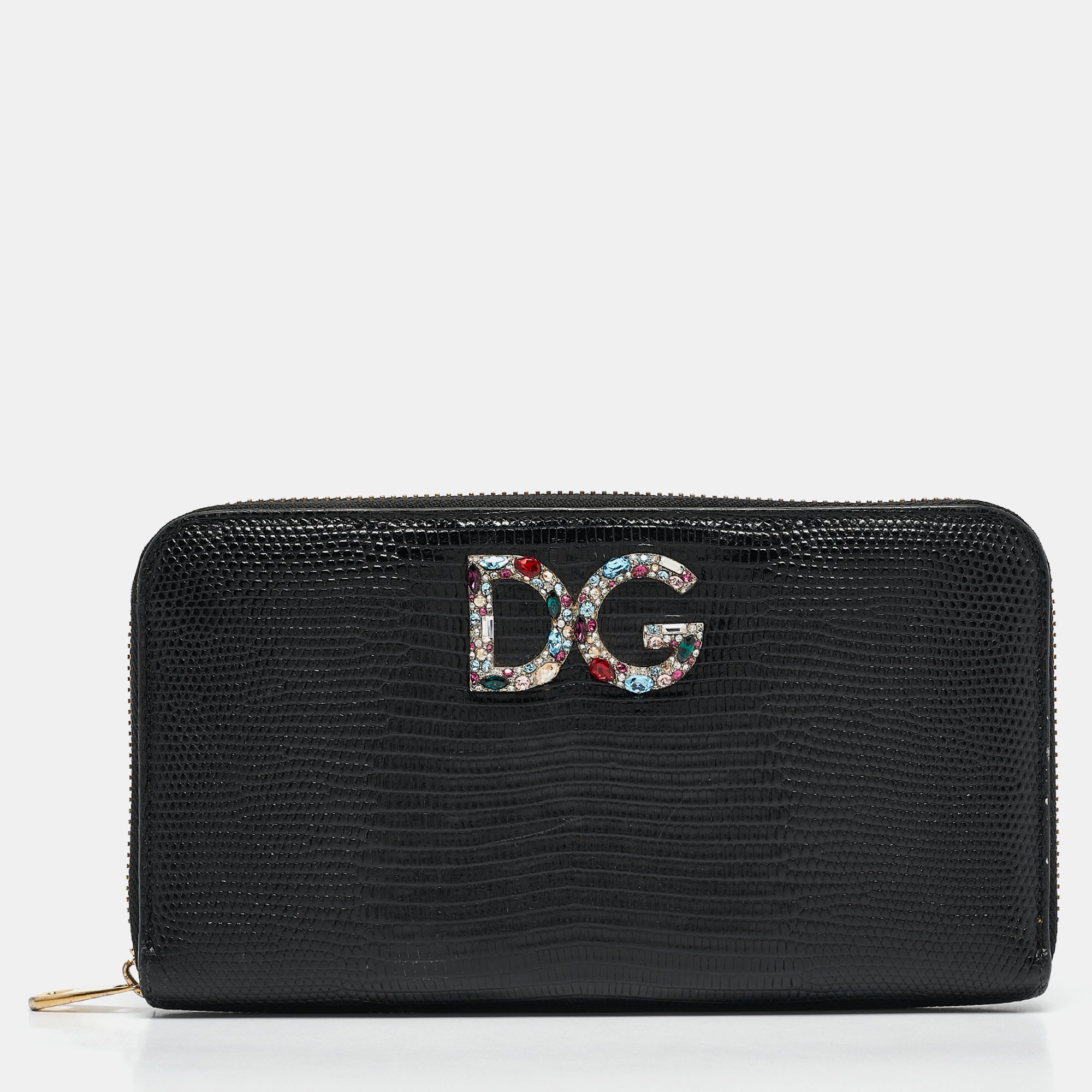 

Dolce & Gabbana Black Lizard Embossed Leather DG Crystals Zip Continental Wallet