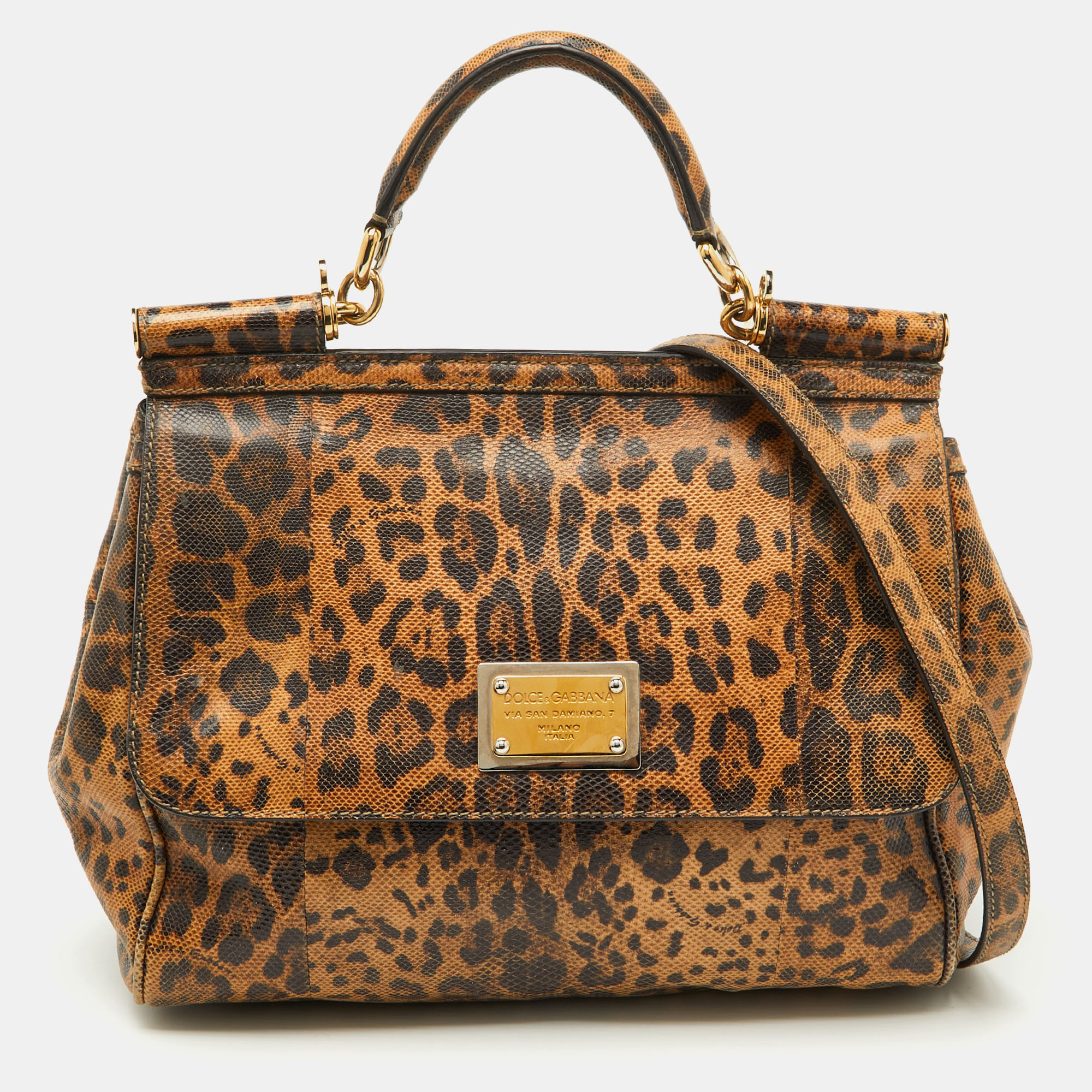 

Dolce & Gabbana Brown Karung Leather Leopard Print Large Miss Sicily Top Handle Bag