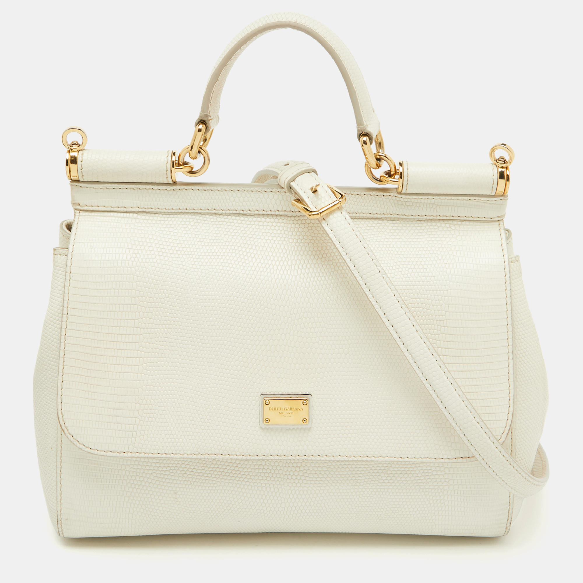 

Dolce & Gabbana White Lizard Embossed Leather  Miss Sicily Top Handle Bag