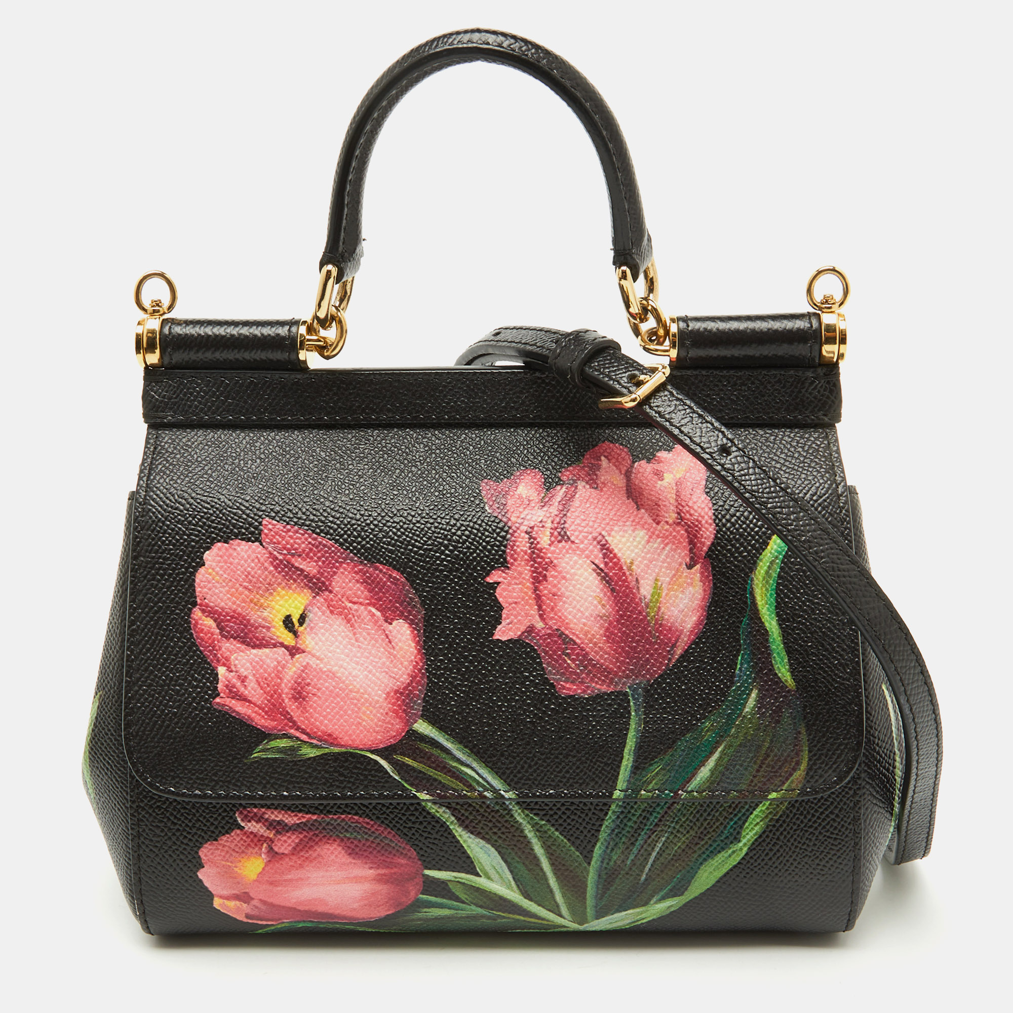 

Dolce & Gabbana Black Leather Floral Small Miss Sicily Top Handle Bag