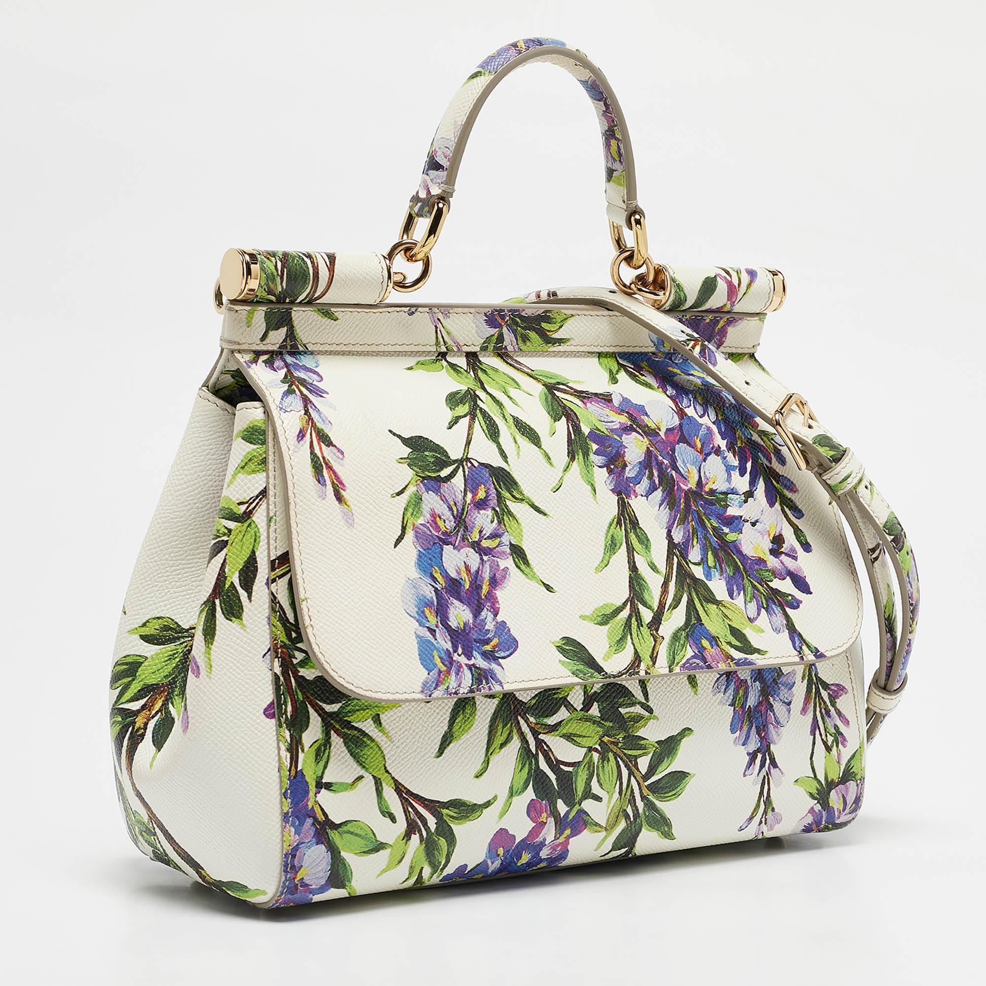 Dolce & Gabbana White/Multicolor Printed Leather Medium Miss Sicily Top Handle Bag 