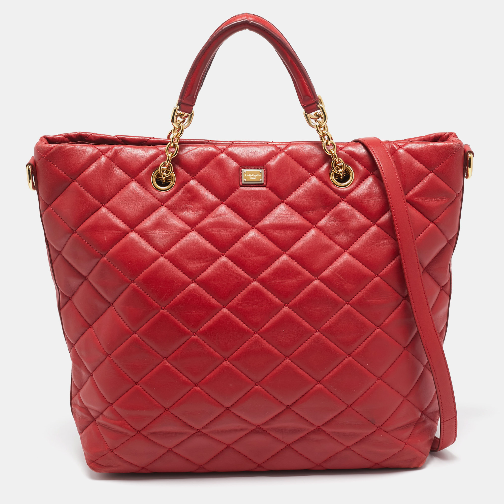 

Dolce & Gabbana Red Quilted Leather Chain Shopper Tote