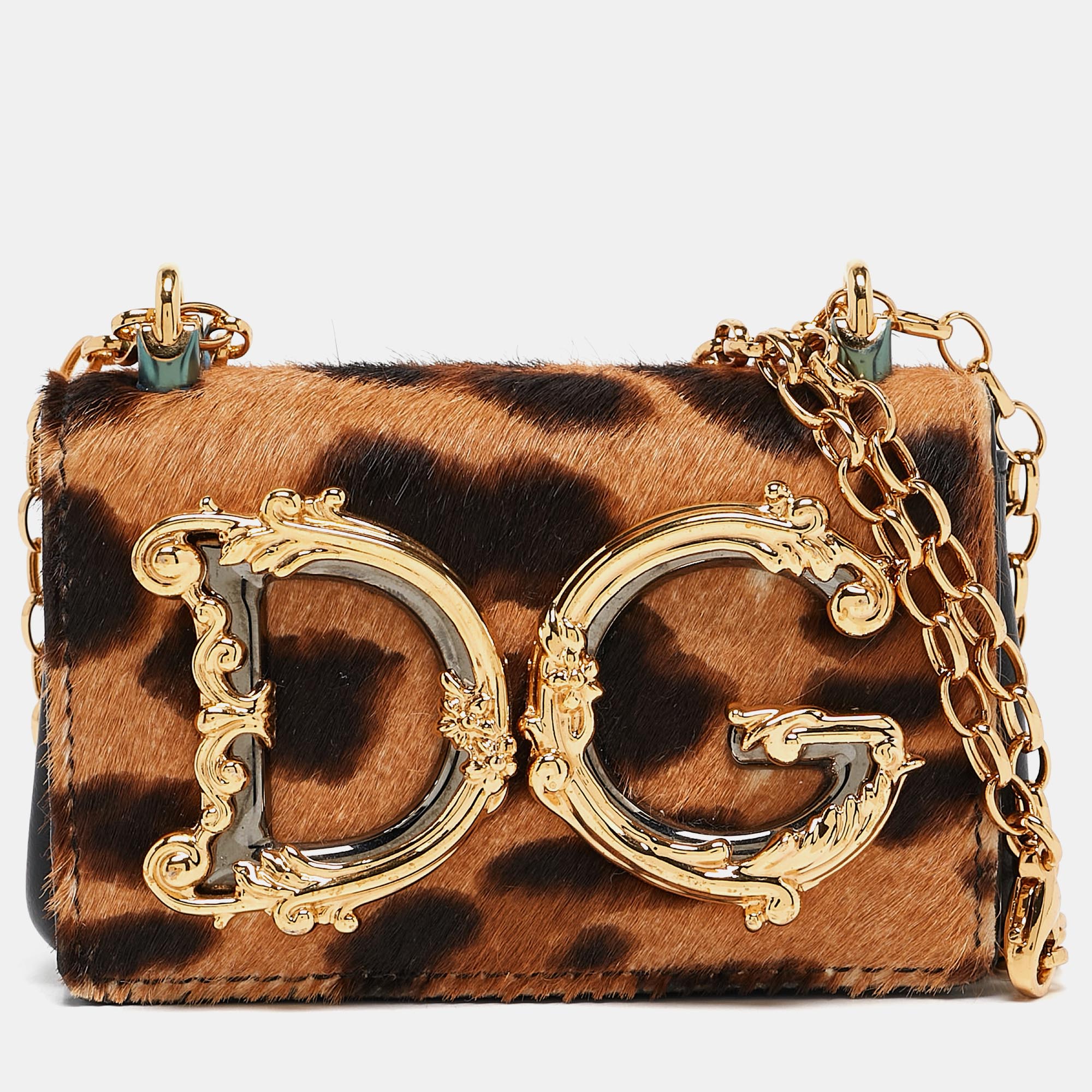 

Dolce & Gabbana Black/Beige Leopard Calfhair and Leather DG Girls Chain Coin Purse