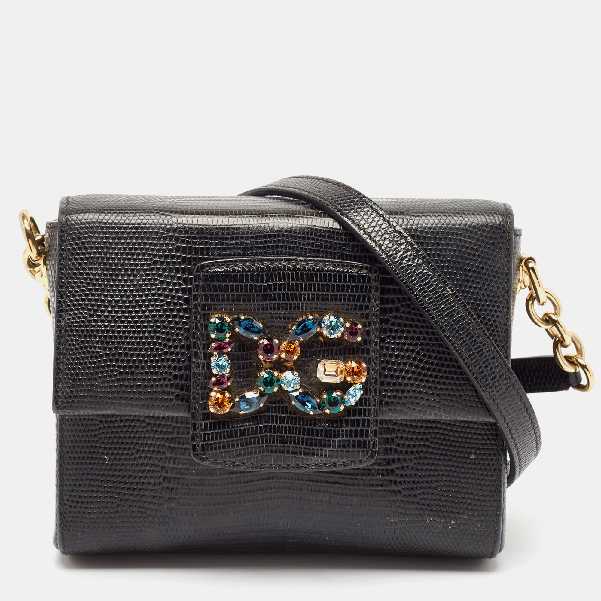 

Dolce & Gabbana Black Lizard Embossed Leather Mini DG Millennials Crossbody Bag