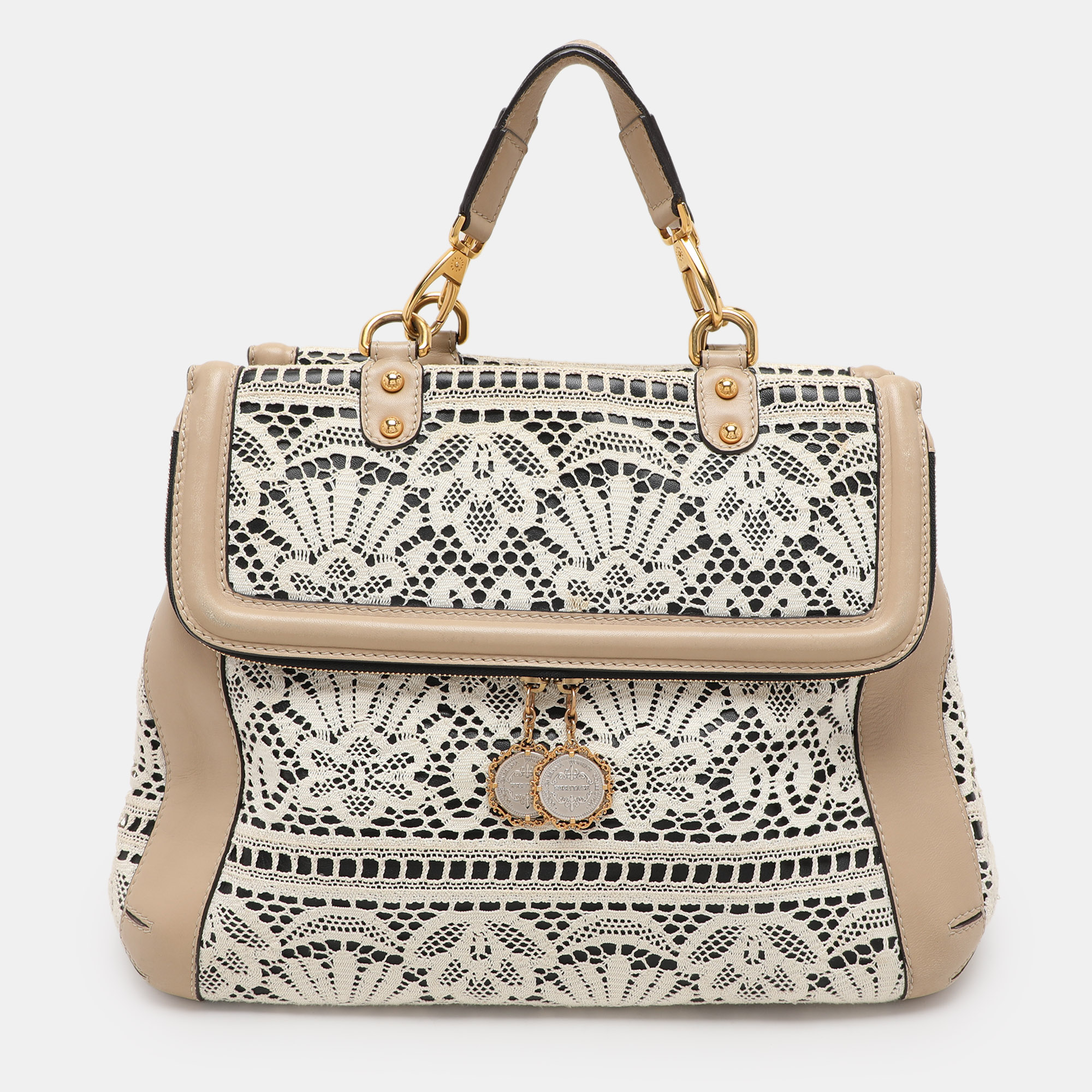 

Dolce & Gabbana White/Beige Lace and Leather Large Miss Sicily Heritage Satchel