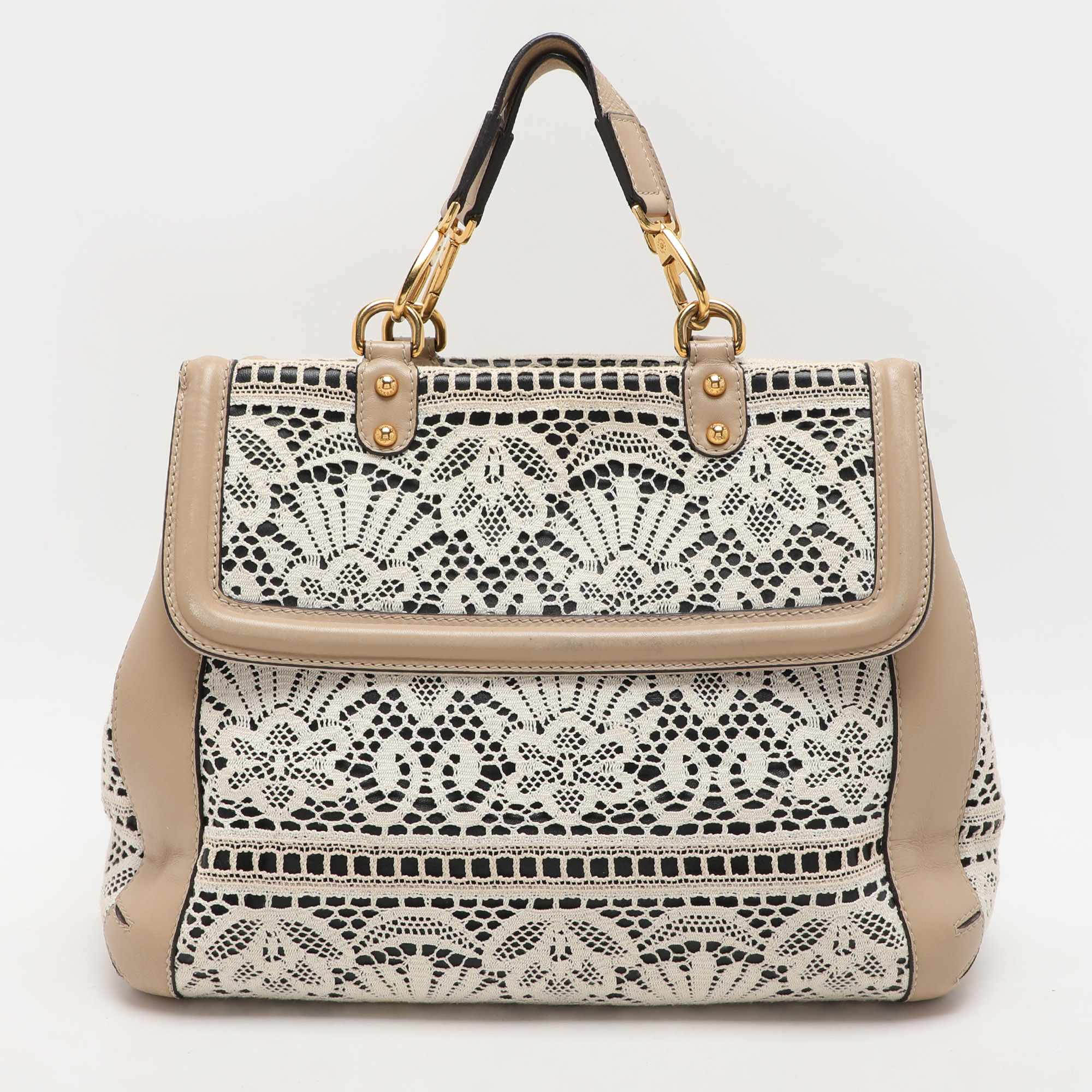 Dolce & Gabbana White/Beige Lace and Leather Large Miss Sicily Heritage Satchel 