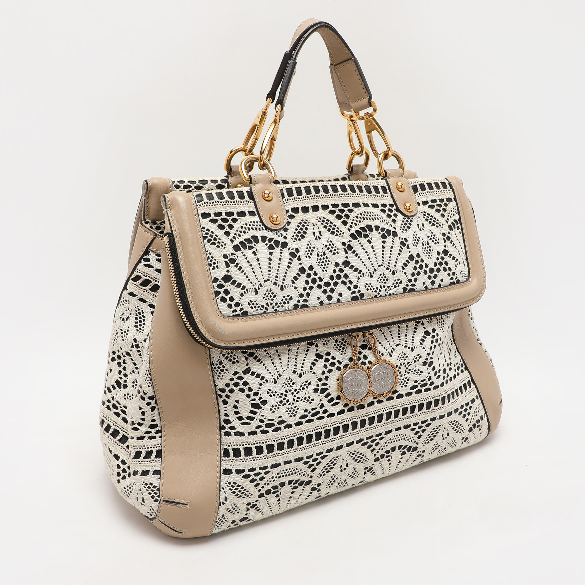 Dolce & Gabbana White/Beige Lace and Leather Large Miss Sicily Heritage Satchel 