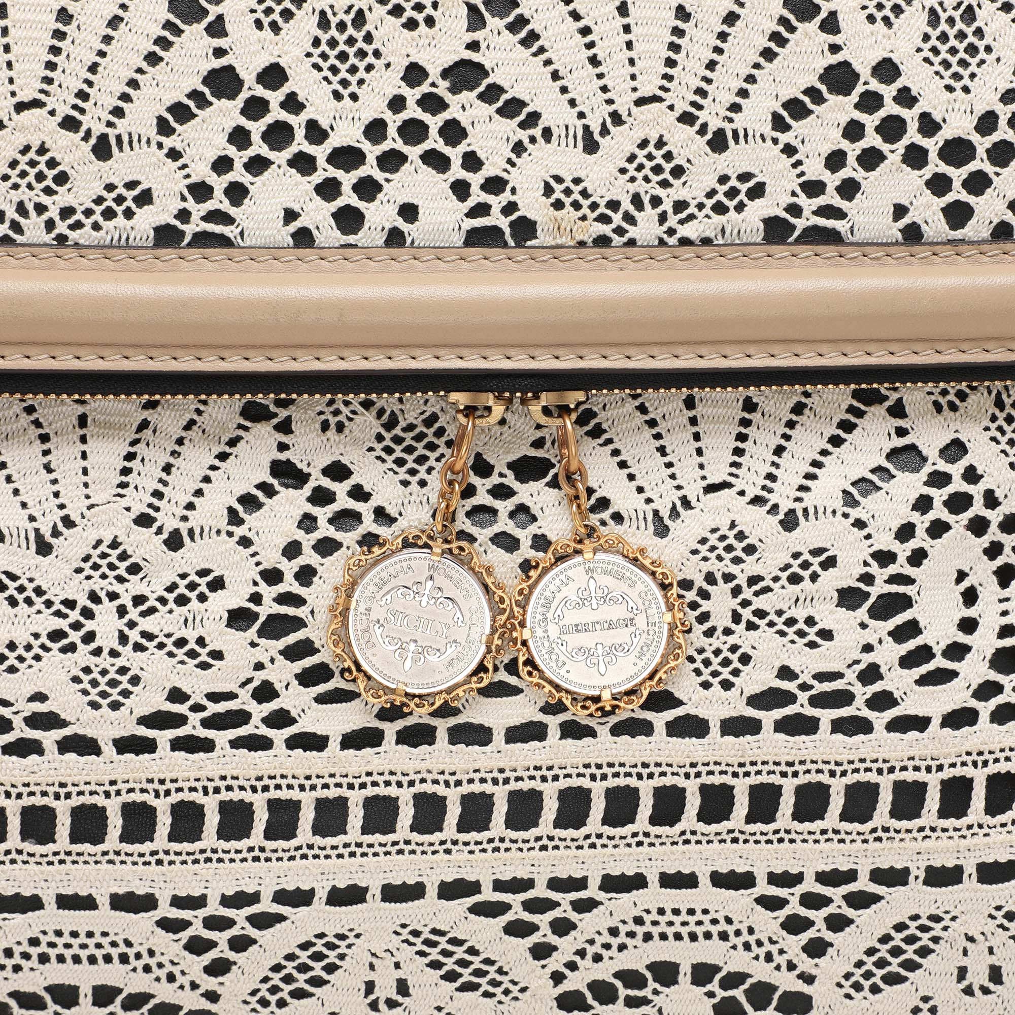 Dolce & Gabbana White/Beige Lace and Leather Large Miss Sicily Heritage Satchel 