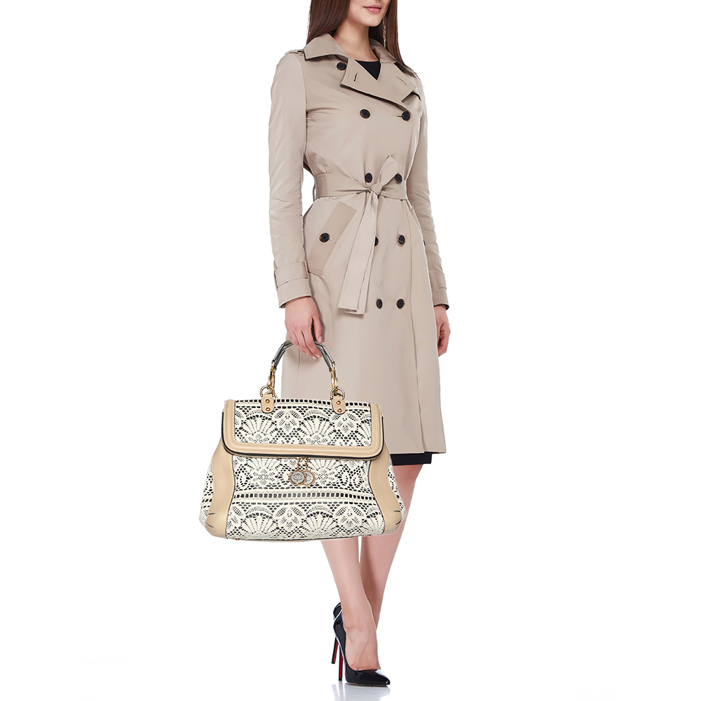 Dolce & Gabbana White/Beige Lace and Leather Large Miss Sicily Heritage Satchel 