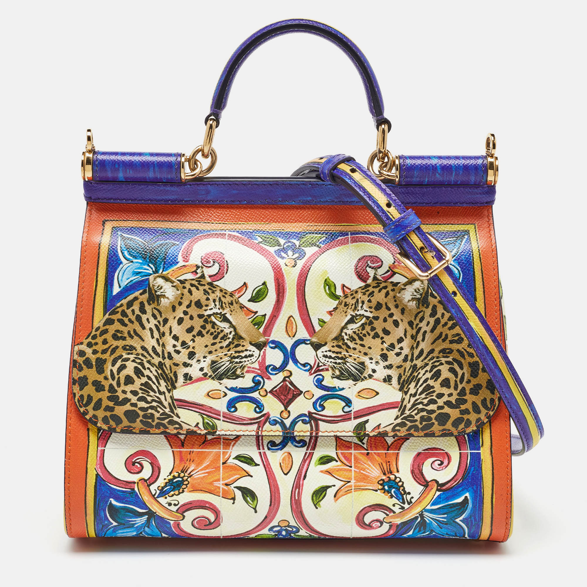 

Dolce & Gabbana Multicolor Leather Majolica Print Large Miss Sicily Top Handle Bag