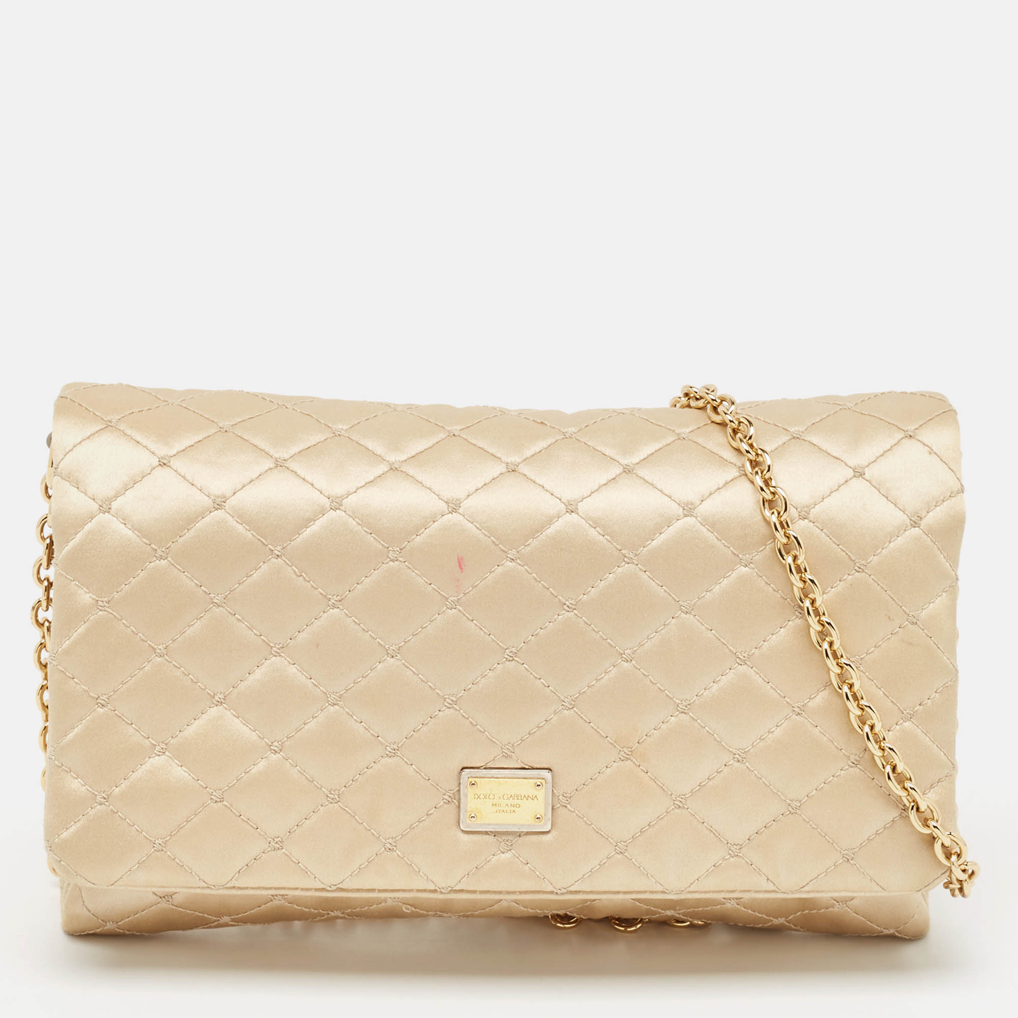 

Dolce & Gabbana Gold Quilted Satin Flap Chain Clutch