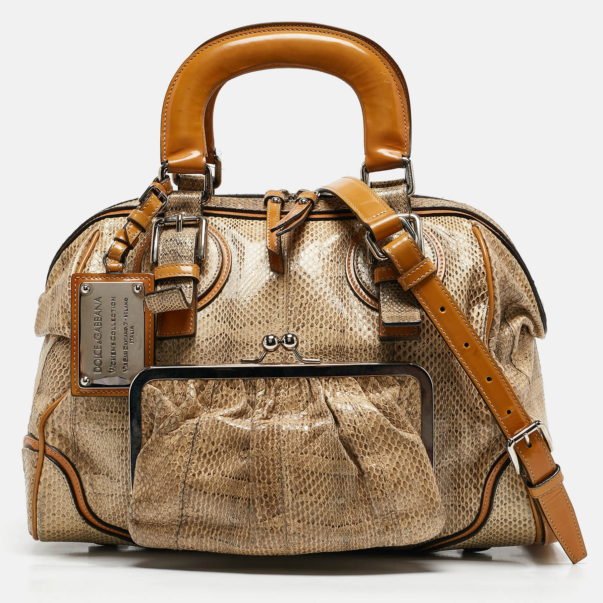 

Dolce & Gabbana Yellow/Beige Snakeskin Miss Romantique Pocket Satchel