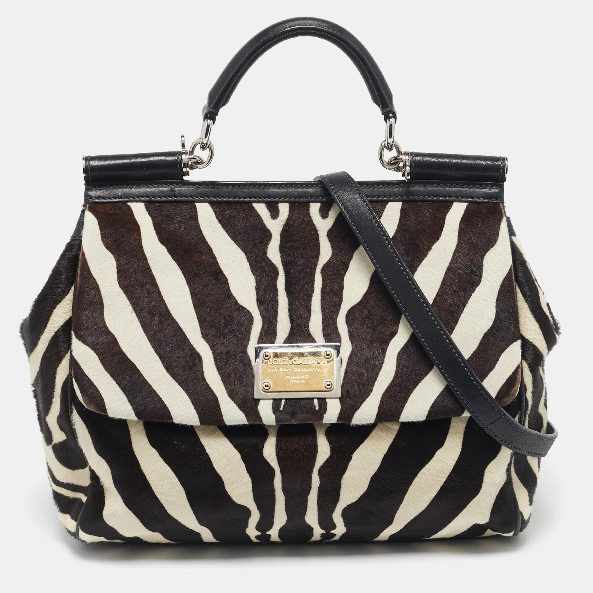 

Dolce & Gabbana Brown/Off White Zebra Print Calf Hair  Miss Sicily Top Handle Bag