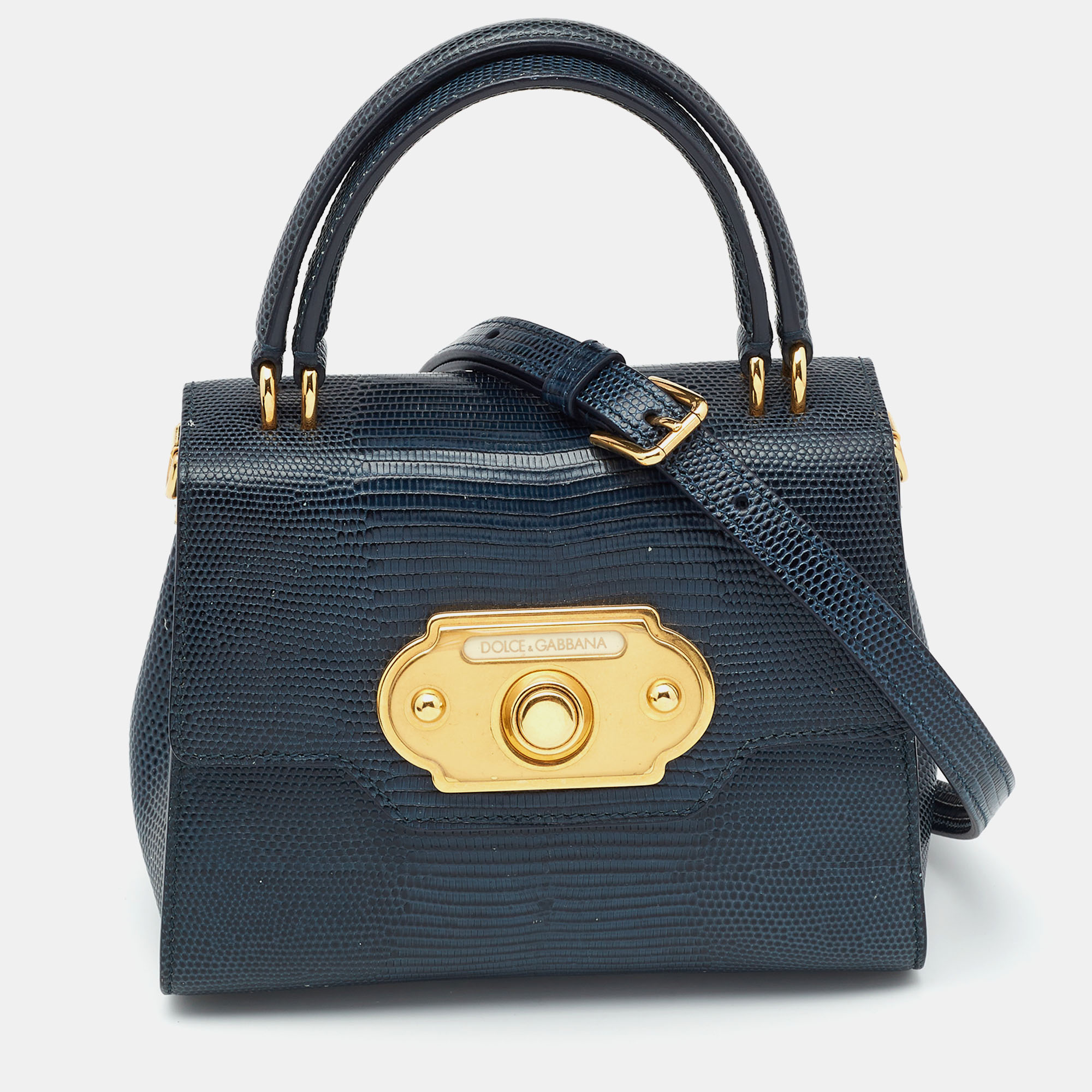 

Dolce & Gabbana Teal Lizard Embossed Leather Mini Welcome Top Handle Bag, Blue