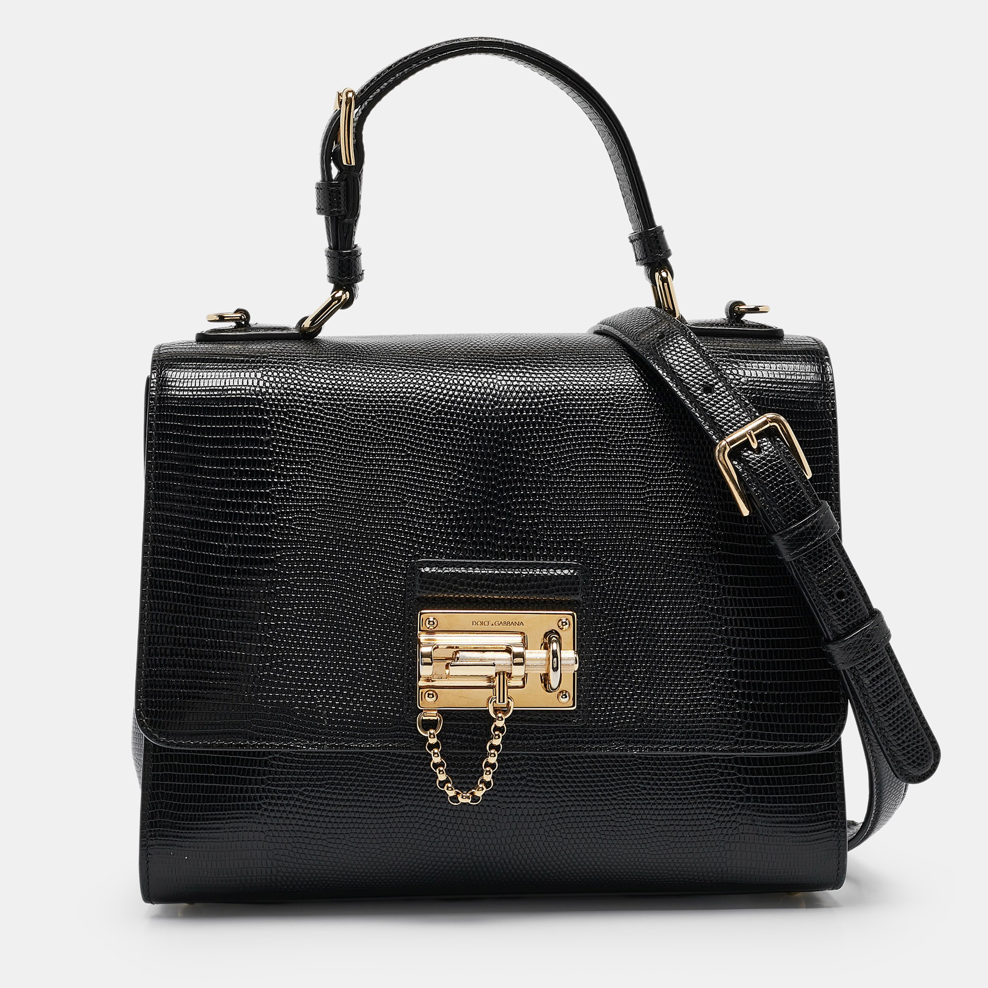 

Dolce & Gabbana Black Lizard Embossed Leather  Miss Monica Top Handle Bag