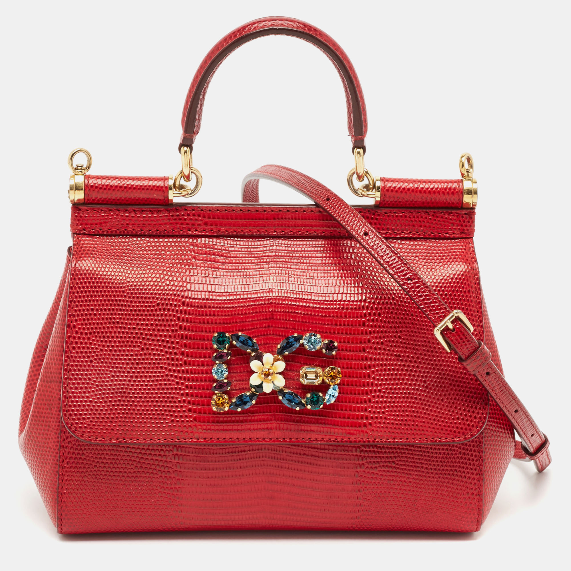 

Dolce & Gabbana Red Lizard Embossed Leather Small Crystals DG Miss Sicily Bag