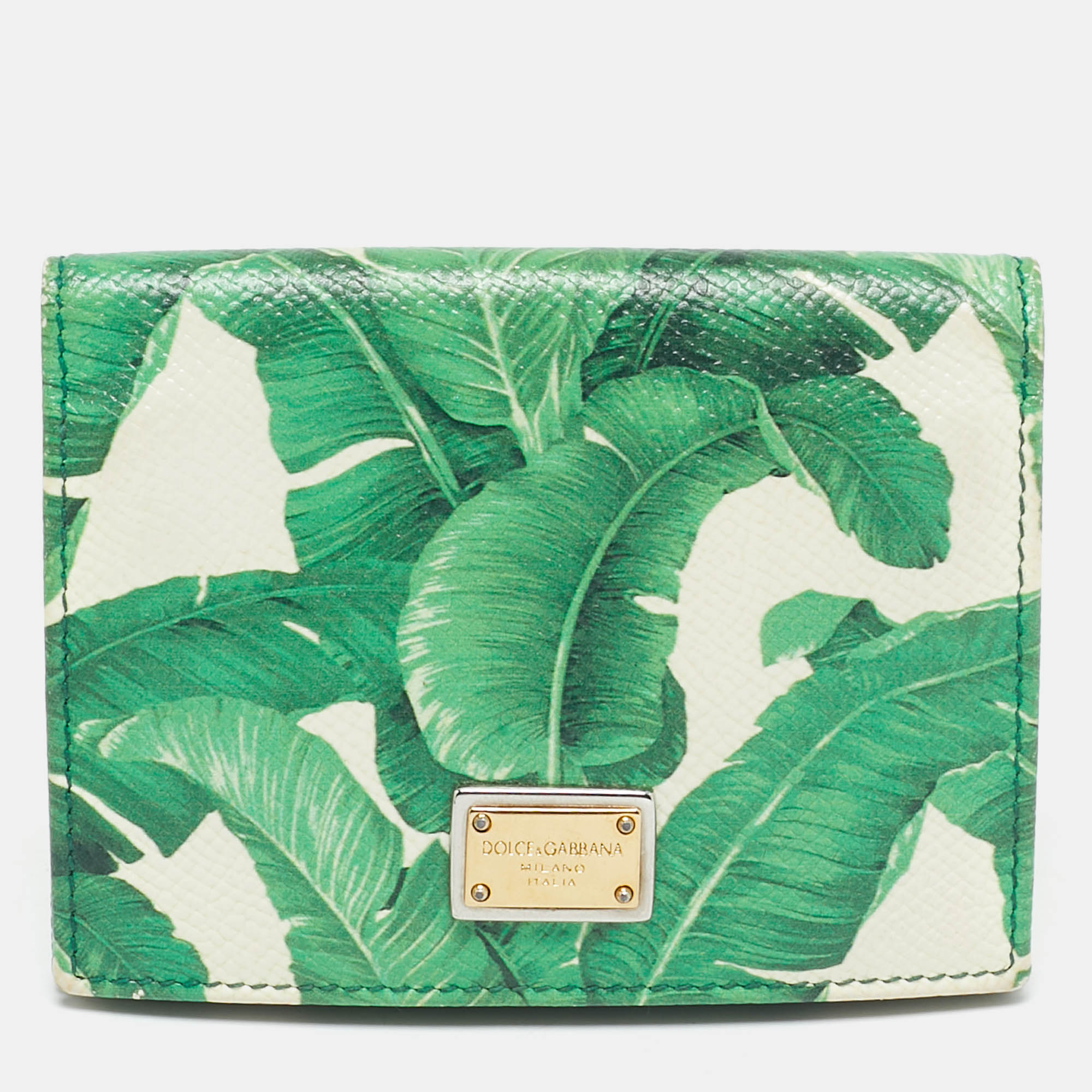 

Dolce & Gabbana Green/White Leather Banana Leaf Printed Card Case