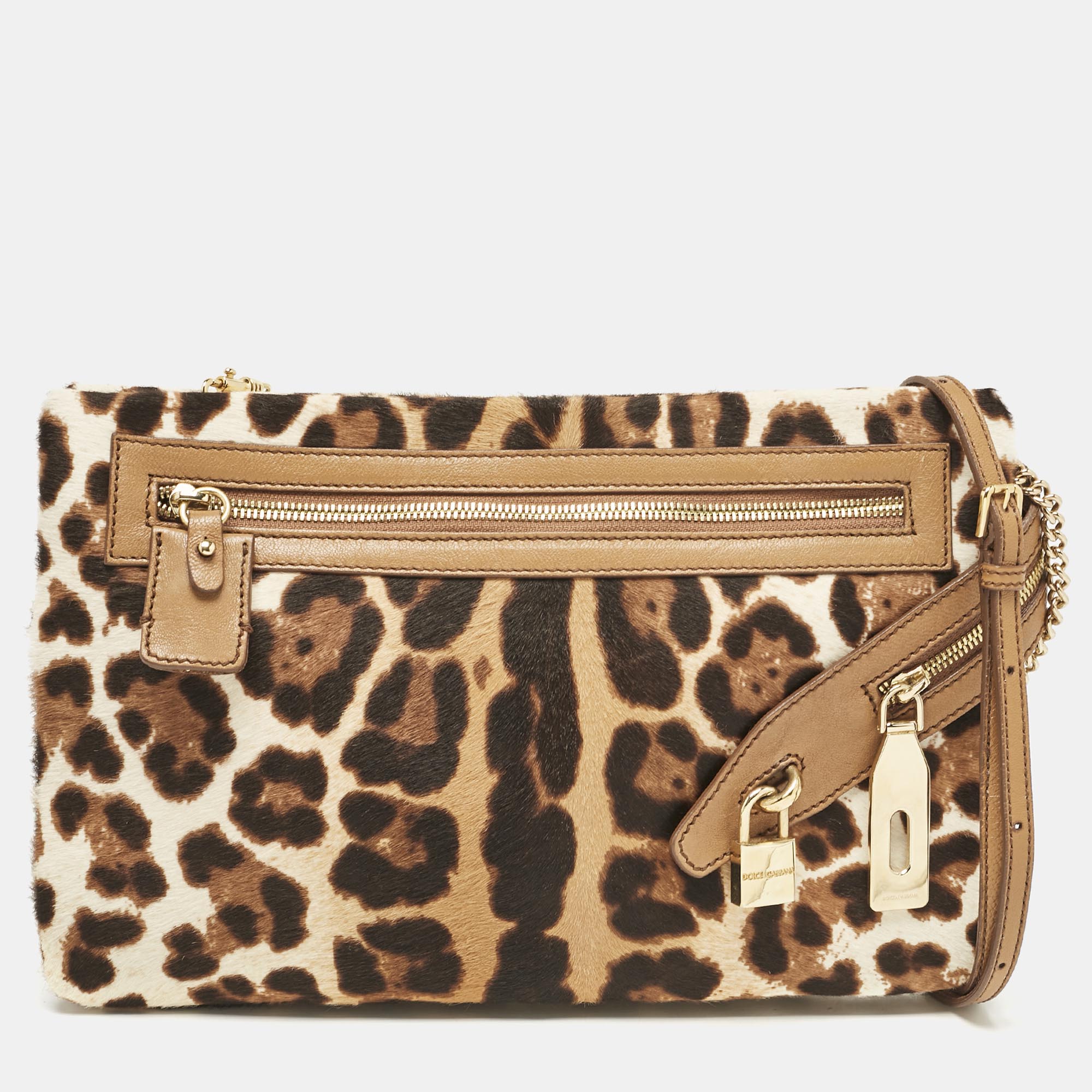 

Dolce & Gabbana Brown Leopard Print Calfhair and Leather Clutch Bag