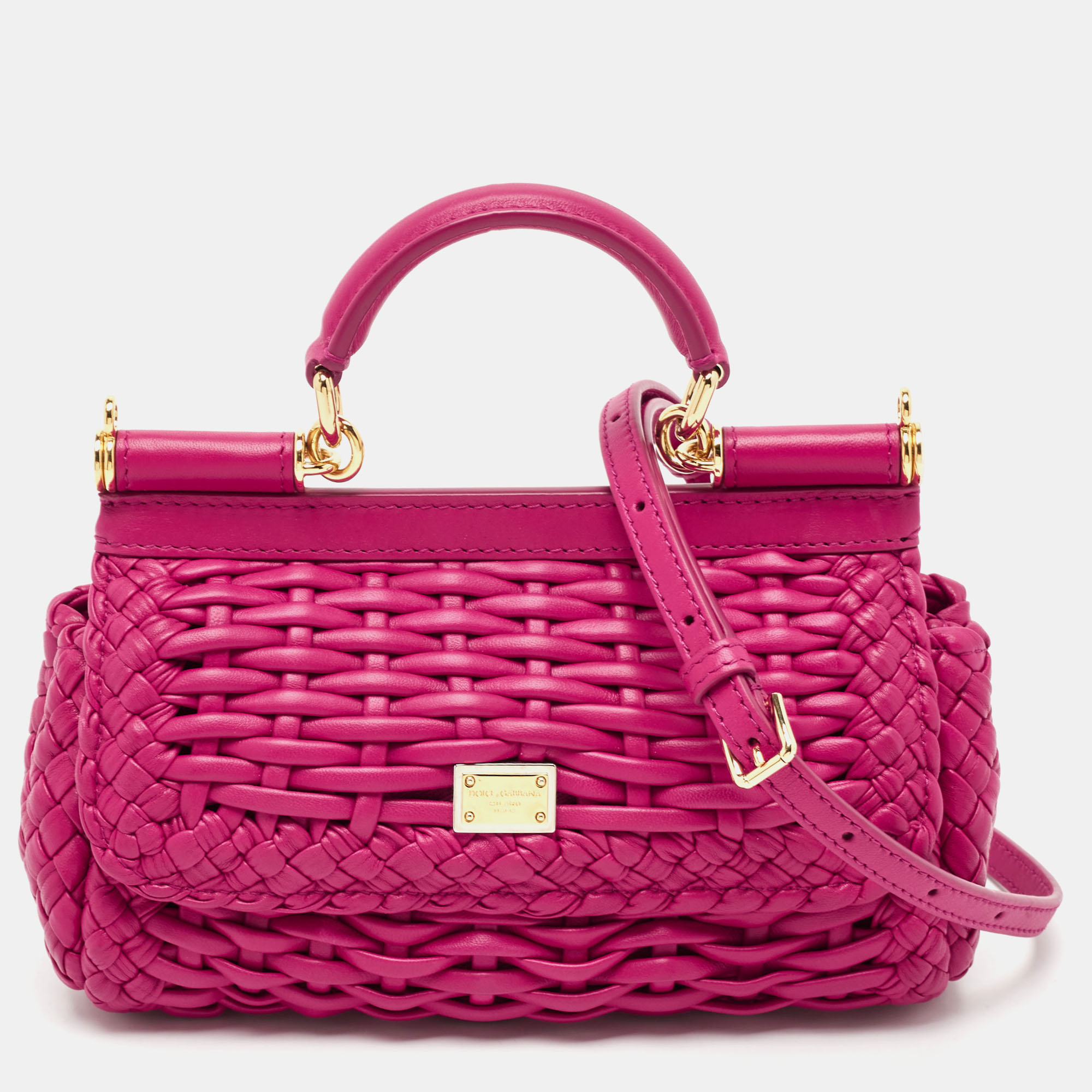 

Dolce & Gabbana Fuchsia Leather  Woven Sicily East West Top Handle Bag, Pink