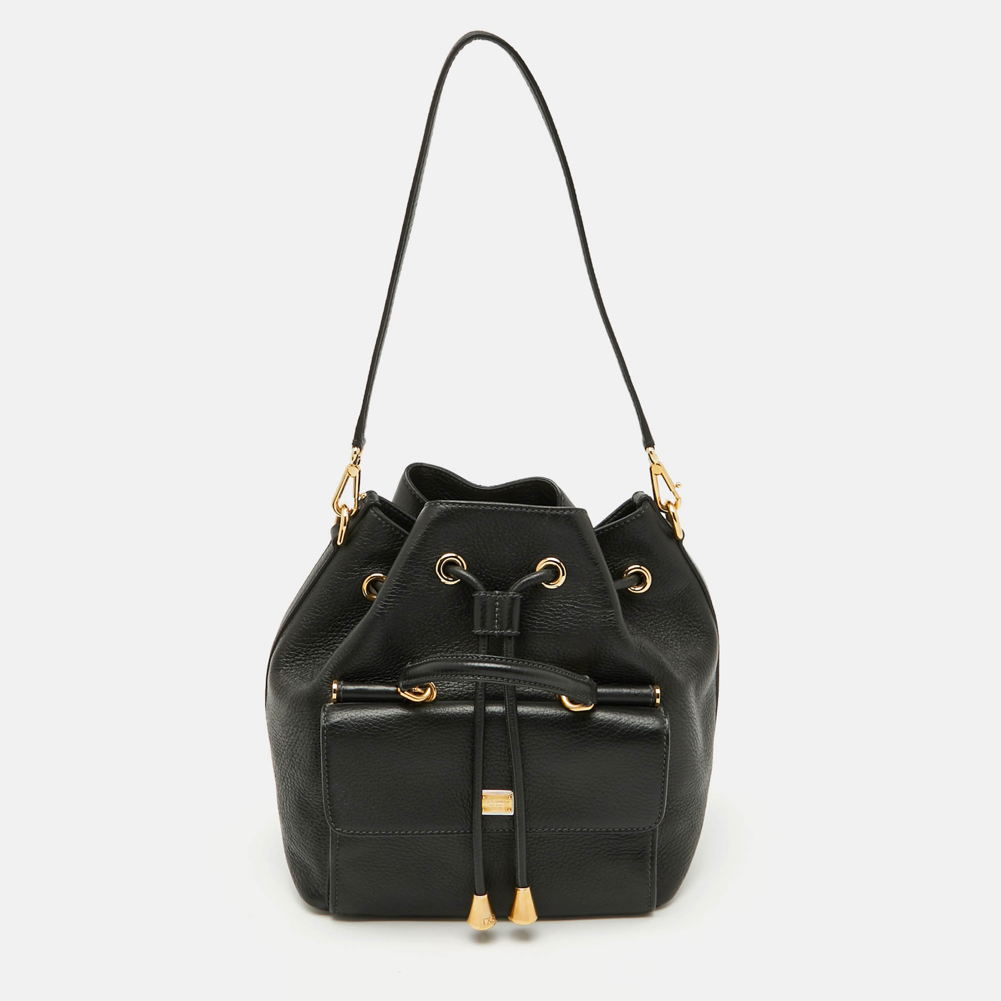 

Dolce & Gabbana Black Leather Drawstring Bucket Bag