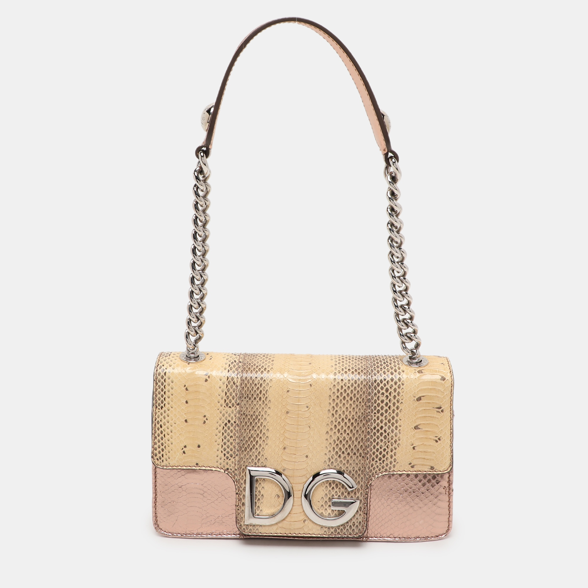 

Dolce & Gabbana Beige/Rose Gold Leather and Snakeskin Leather DG Shoulder Bag