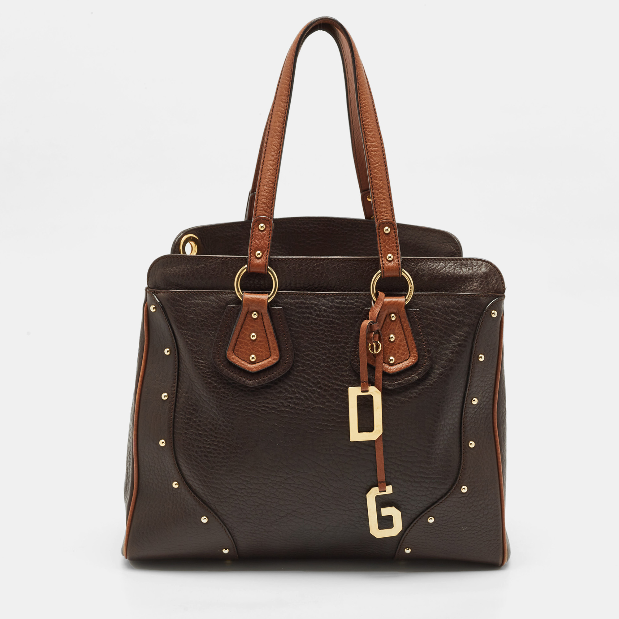 

Dolce & Gabbana Two Tone Brown Pebbled Leather Charm Tote