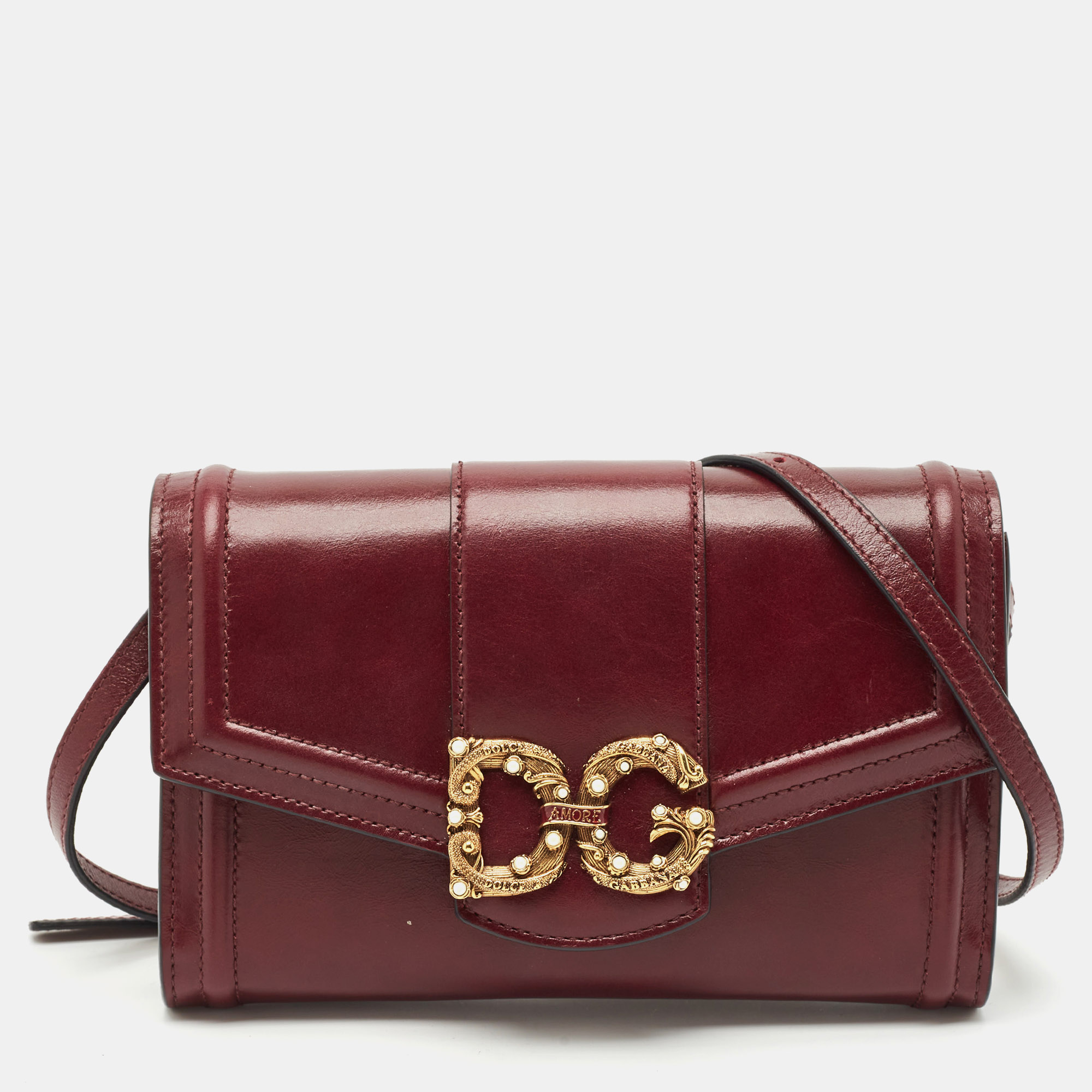 

Dolce & Gabbana Burgundy Leather DG Amore Clutch Bag