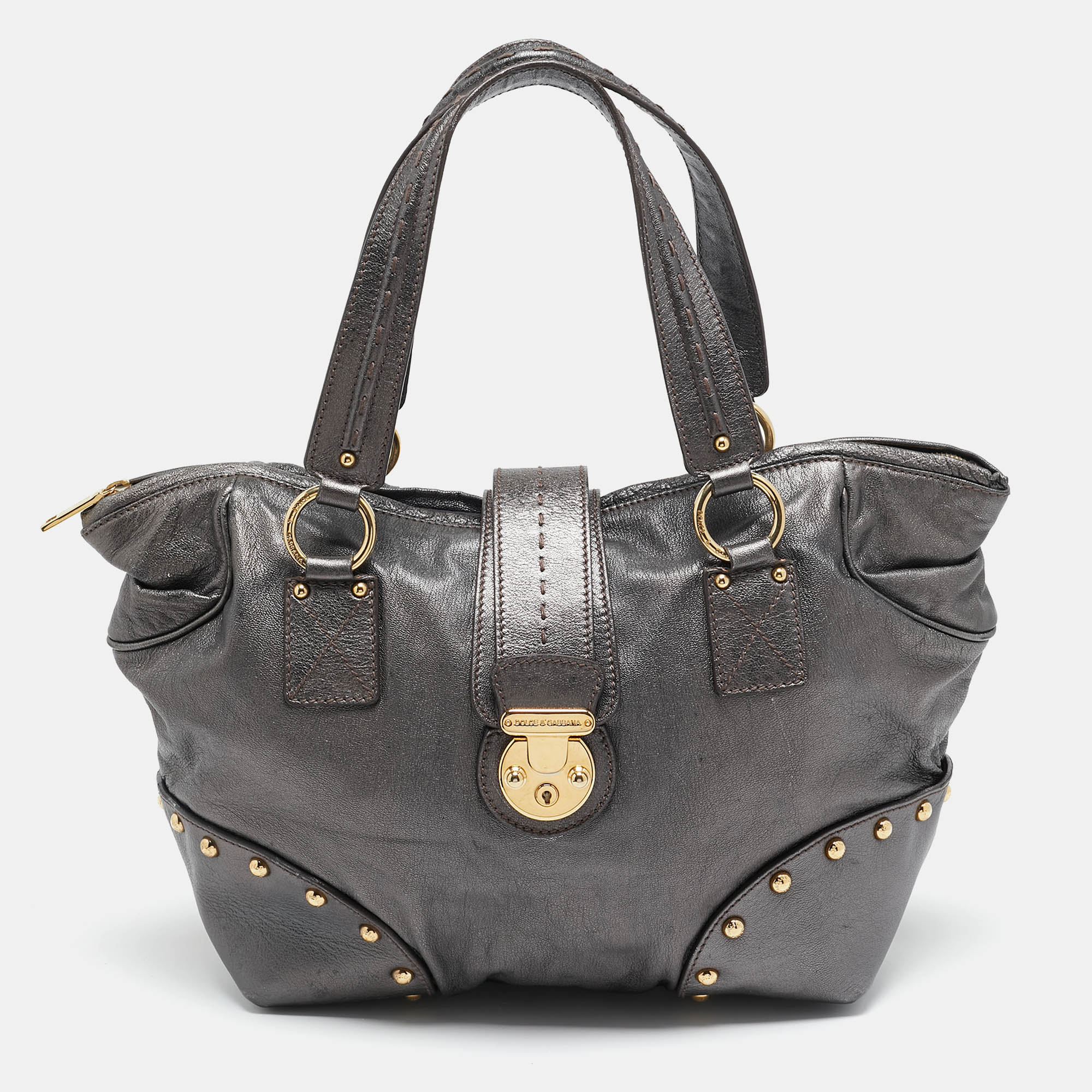 

Dolce & Gabbana Metallic Grey Leather Studded Zip Tote