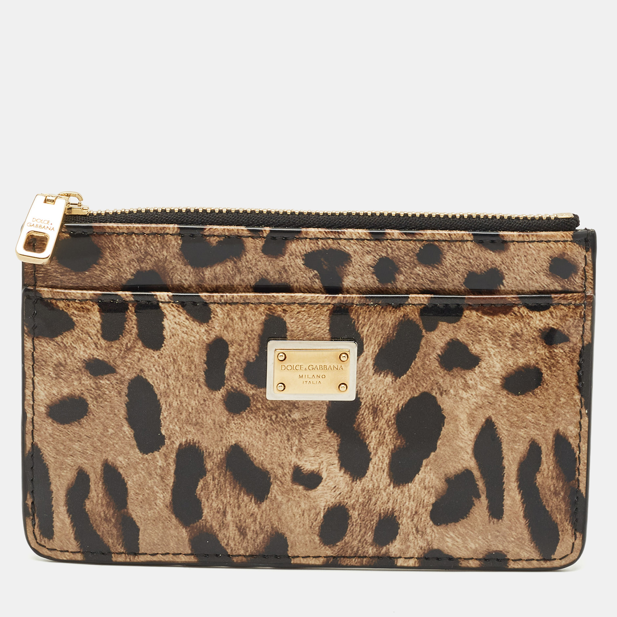 

Dolce & Gabbana Brown/Black Leopard Print Patent Leather Zip Card Holder