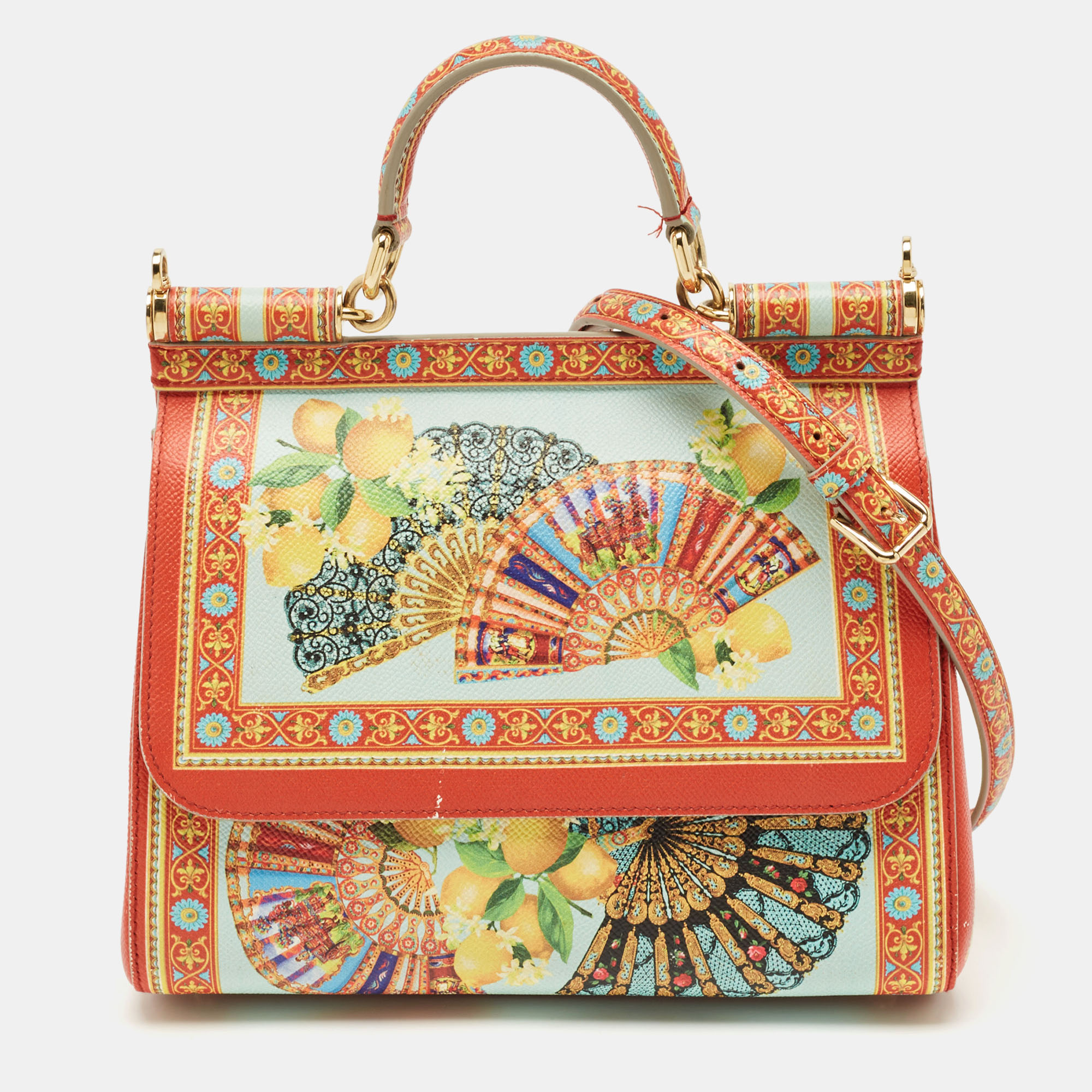

Dolce & Gabbana Multicolor Fan Foulard Print Leather  Miss Sicily Top Handle Bag