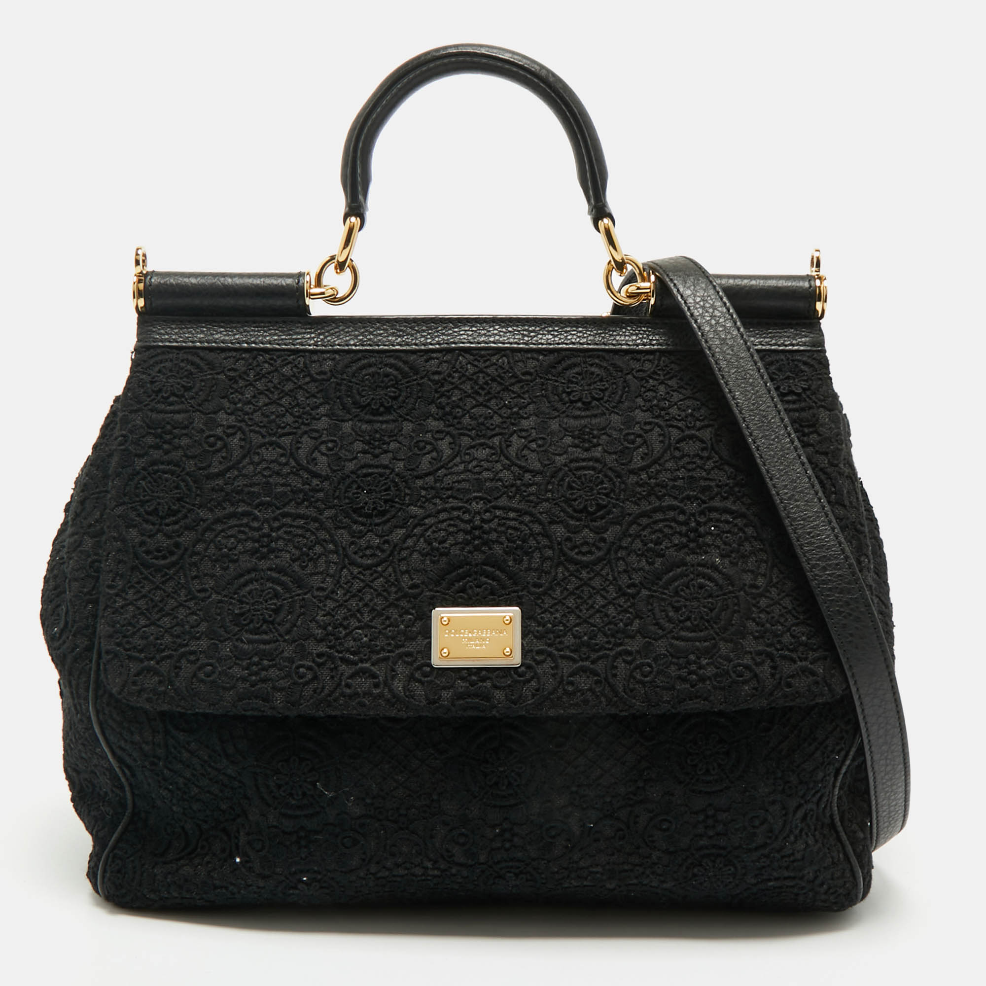 

Dolce & Gabbana Black Lace and Leather Large Miss Sicily Top Handle Bag