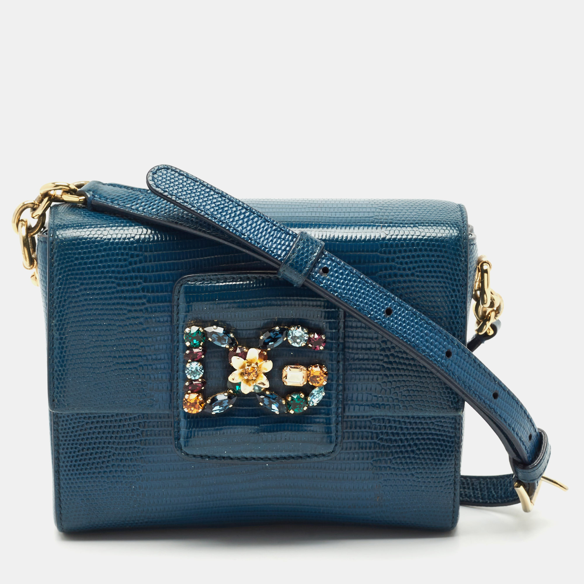 

Dolce & Gabbana Blue Lizard Embossed Leather Mini DG Millennials Crystals Bag