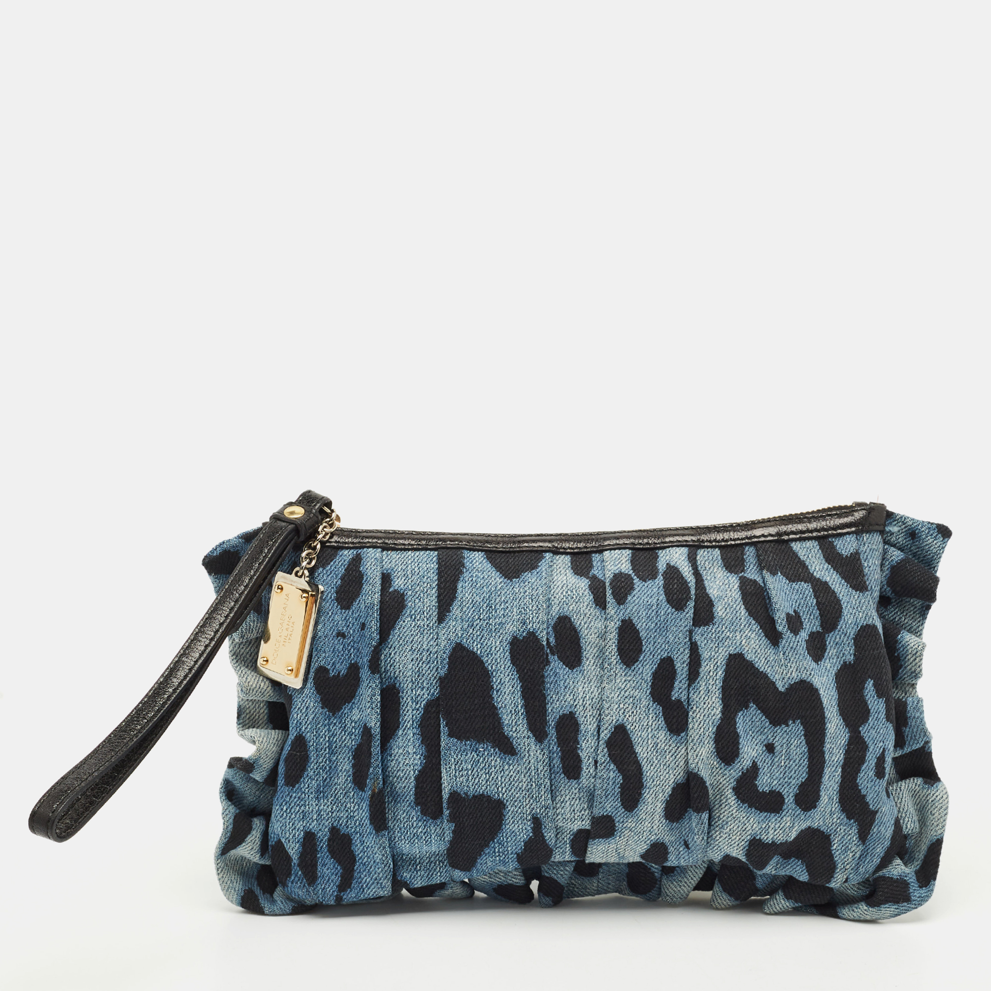 Pre-owned Dolce & Gabbana Blue Leopard Print Denim Ruffle Zip Pouch