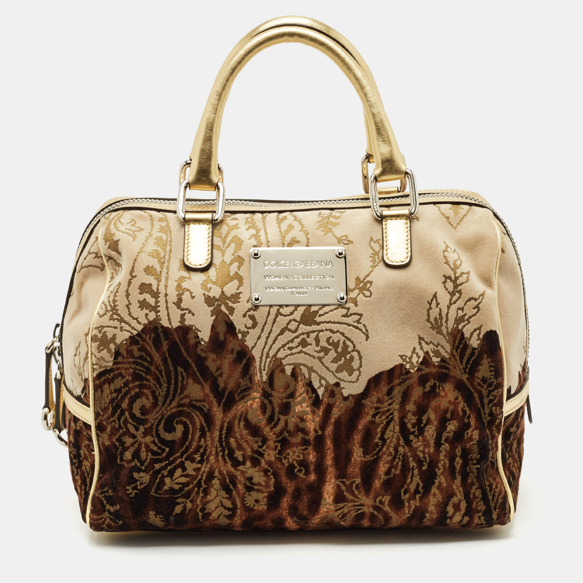 DOLCE & GABBANA Pre-owned Ombre Gold/brown Leather And Velvet Printed Satchel