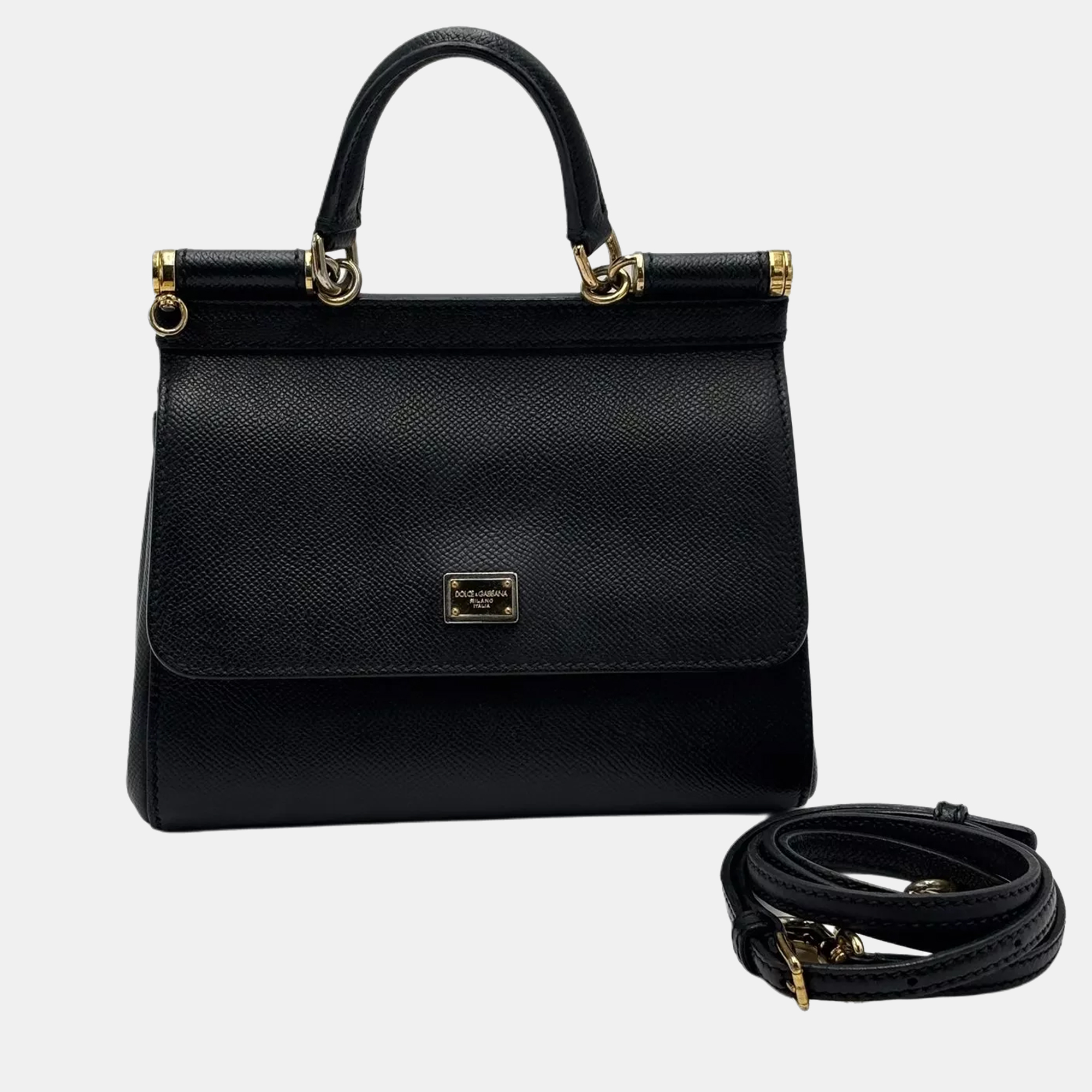 

Dolce & Gabbana Miss Sicily Small Black Grain Leather Top Handle Bag