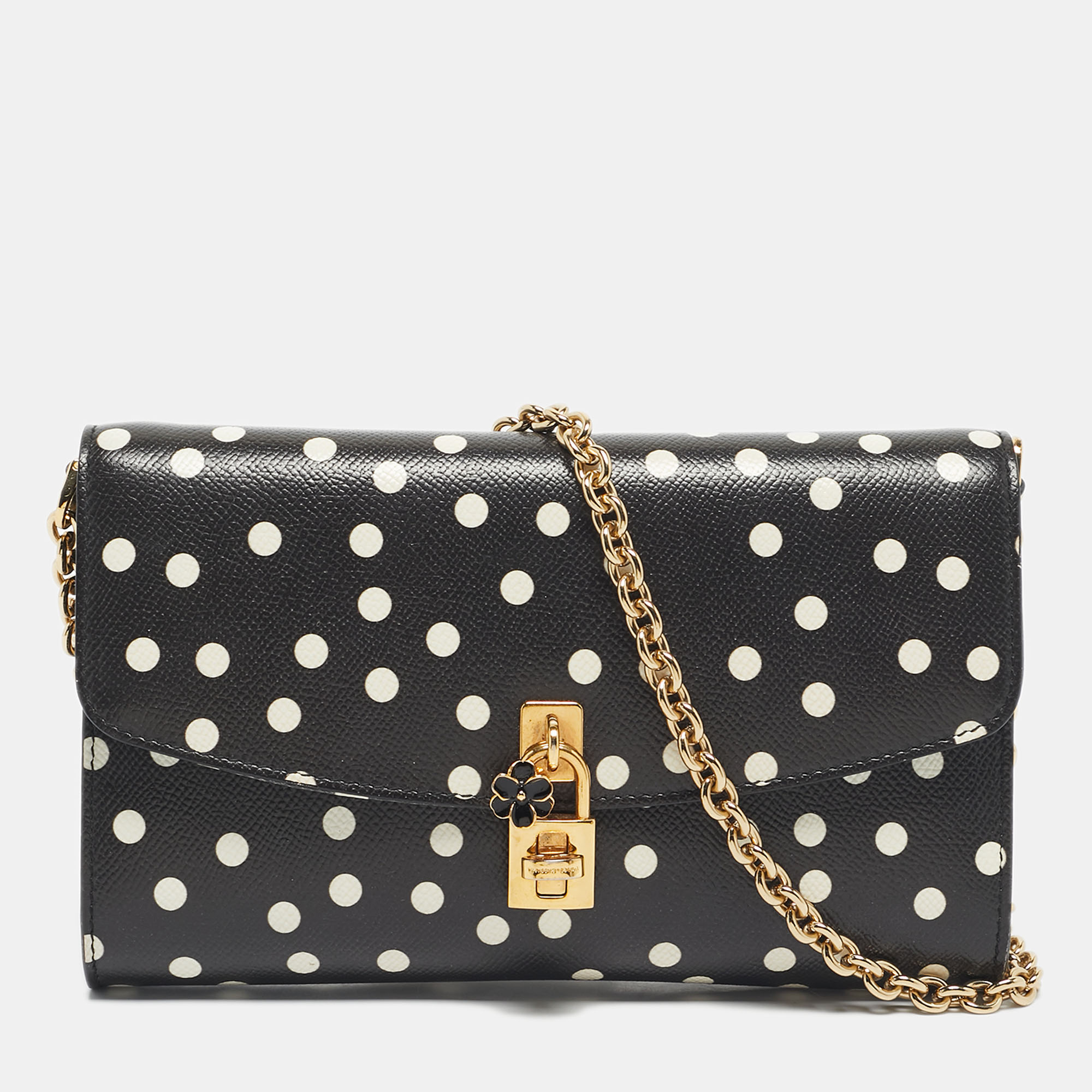 

Dolce & Gabbana Black/White Polka Dot Leather Padlock Chain Clutch