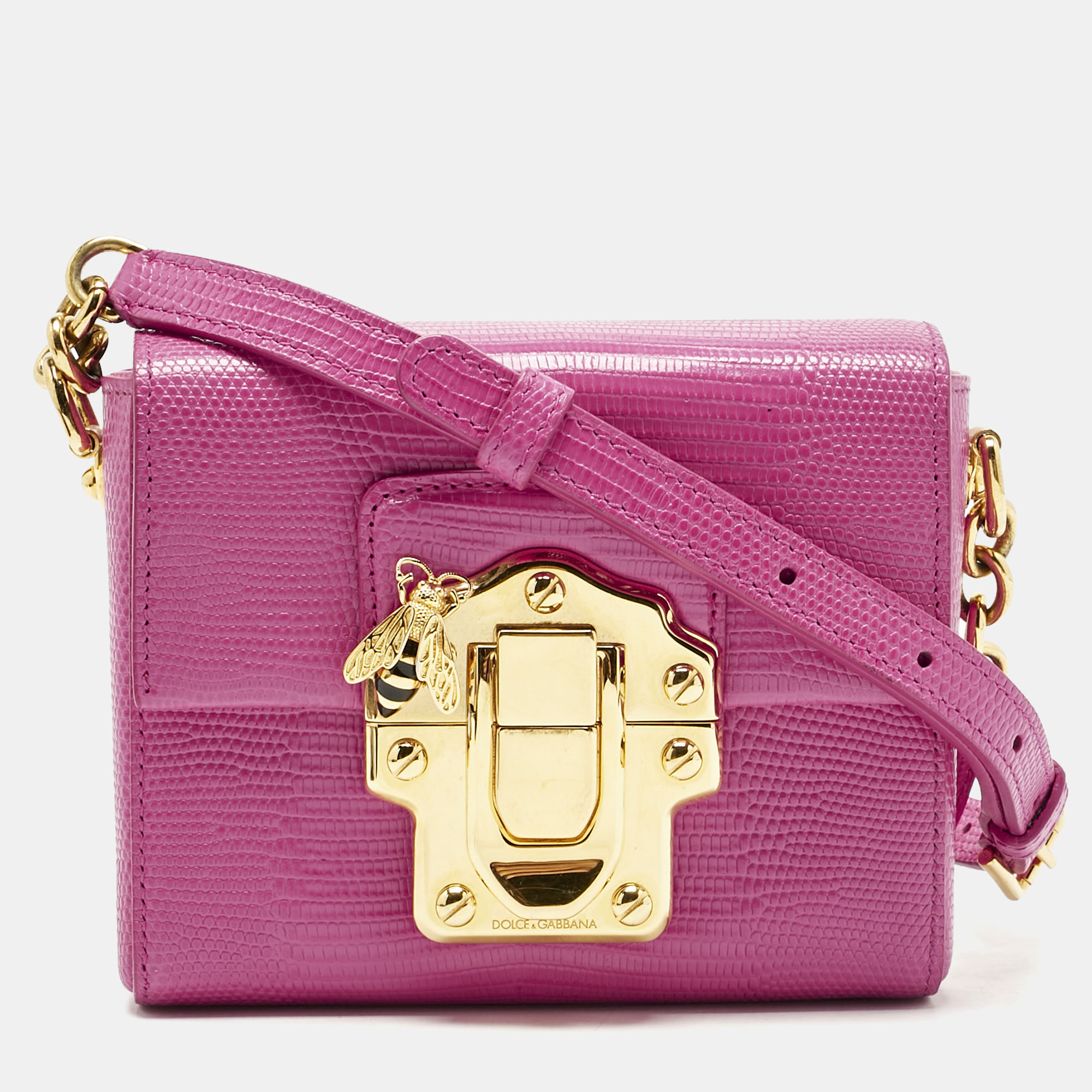 

Dolce & Gabbana Pink Lizard Embossed Leather Mini Lucia Crossbody Bag