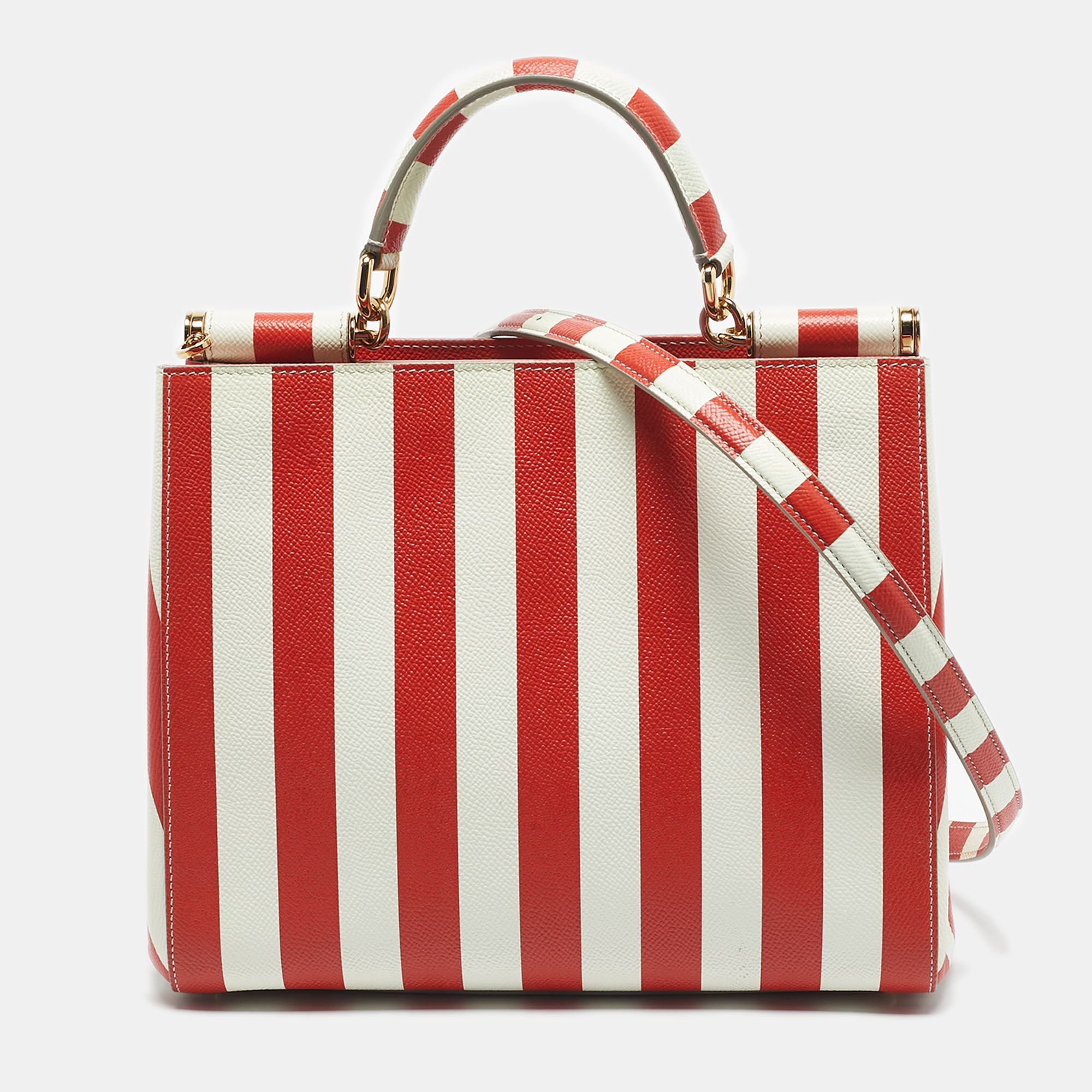 Pre-owned Dolce & Gabbana Red/white Leather Medium Miss Sicily Top Handle Bag