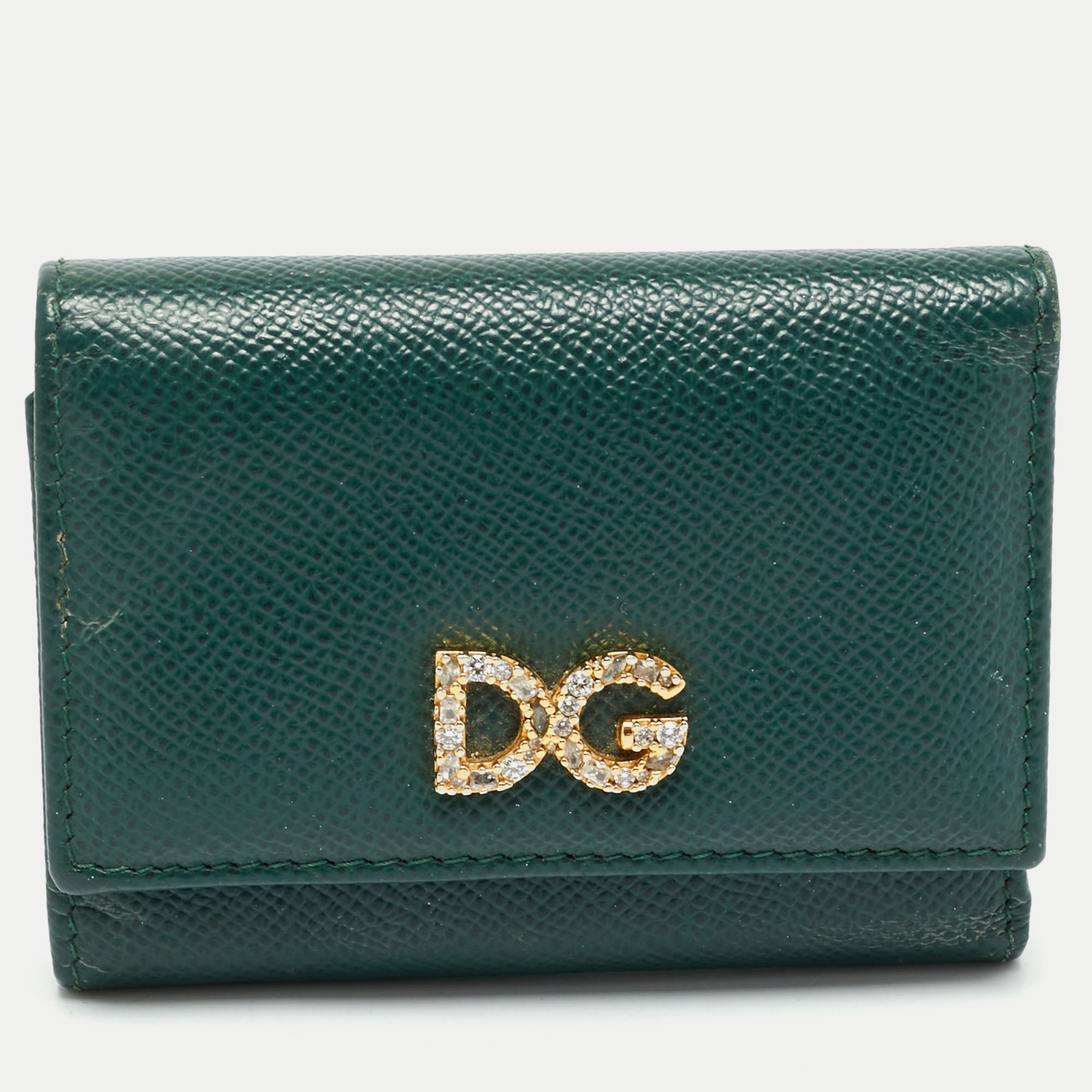 

Dolce & Gabbana Green Leather DG Crystals Trifold Wallet