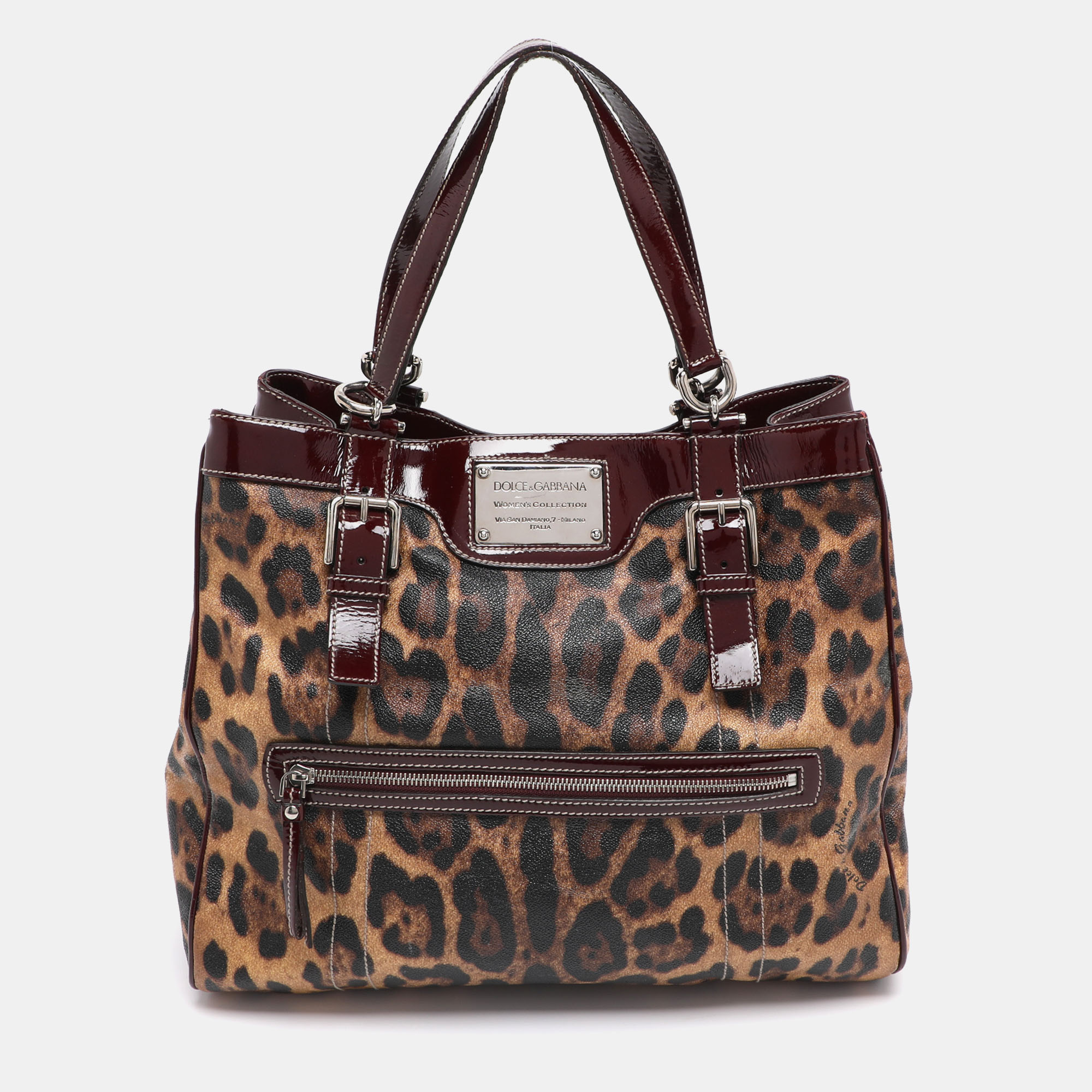 Pre-owned Dolce & Gabbana Brown/burgundy Leopard Print Coated Canvas And Patent Leather Miss Easy Way Tote