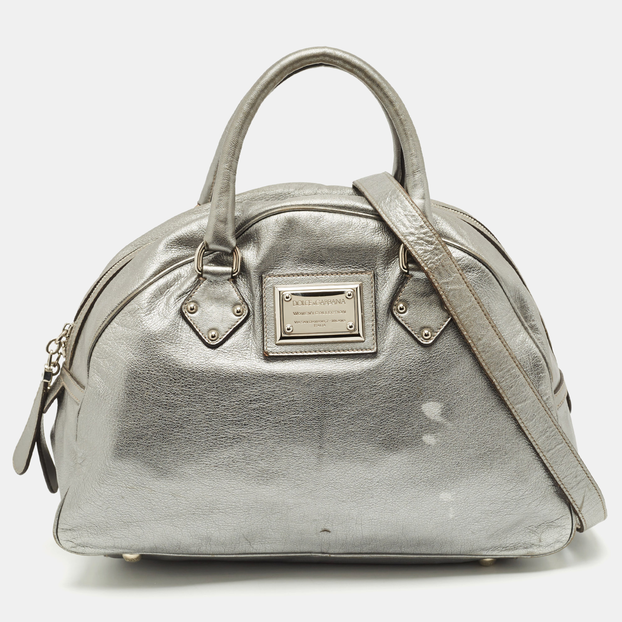 Pre-owned Dolce & Gabbana Metallic Grey Leather Miss Biz Satchel In Silver